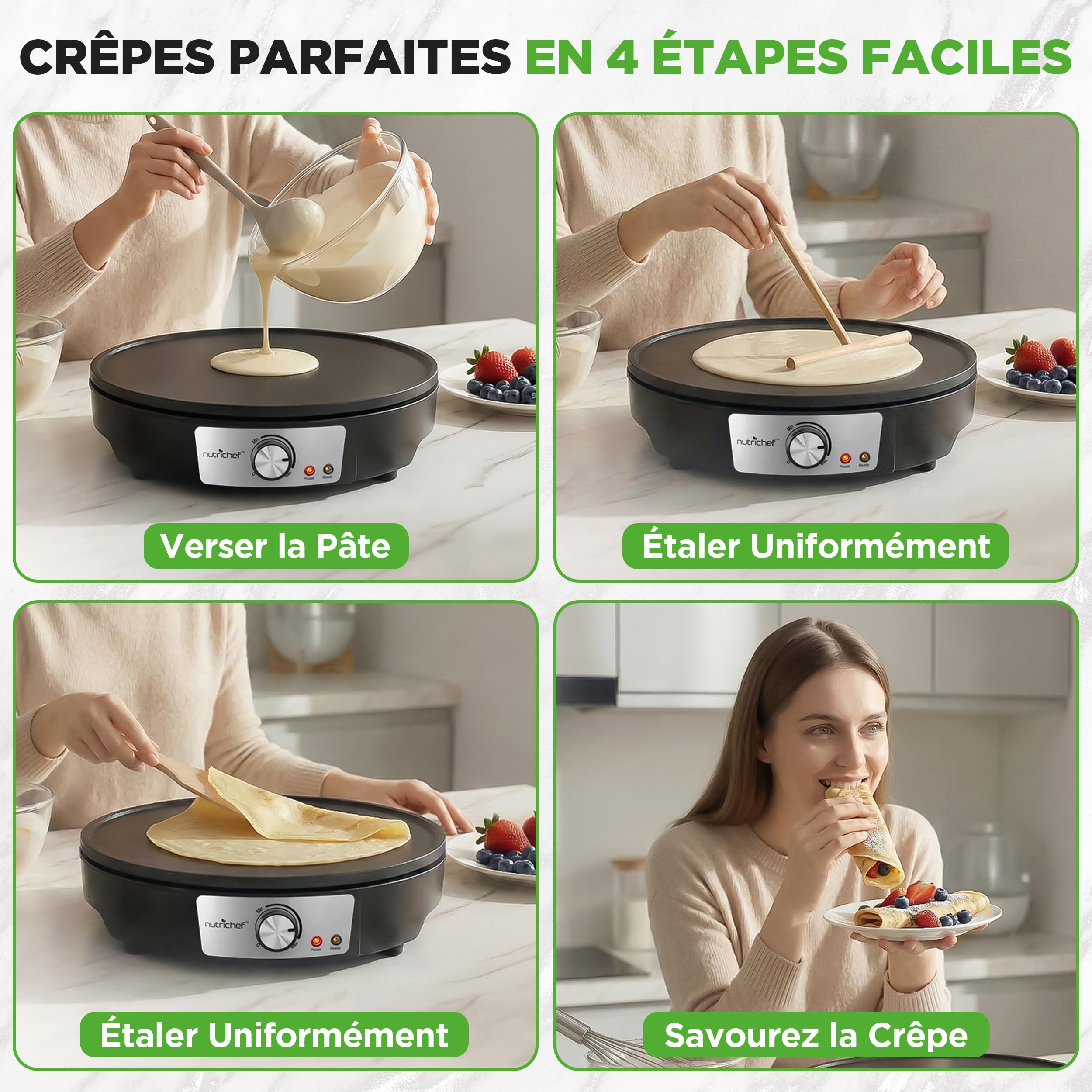 NutriChef Crêpière Électrique 30 cm – Plaque en Aluminium Antiadhésive avec LED, Thermostat Réglable, Spatule Bois et Râteau Inclus