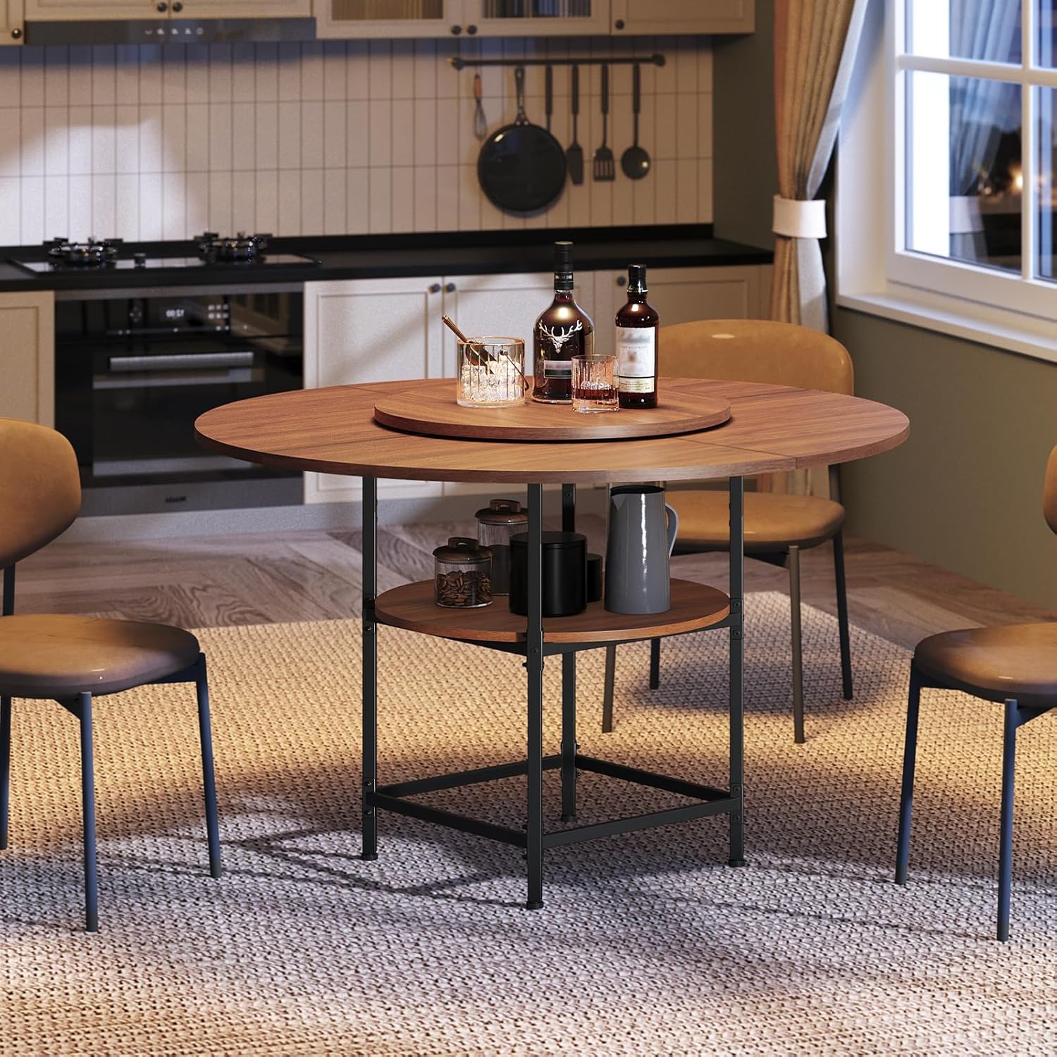 Round Dining Table for 4, Dinner Table with Storage Shelf, 47.2'' Dining Room Table, Circle Tables, Farmhouse Wood Kitchen Tables for Dining Room Living Room, Walnut and Black DTHZ12001