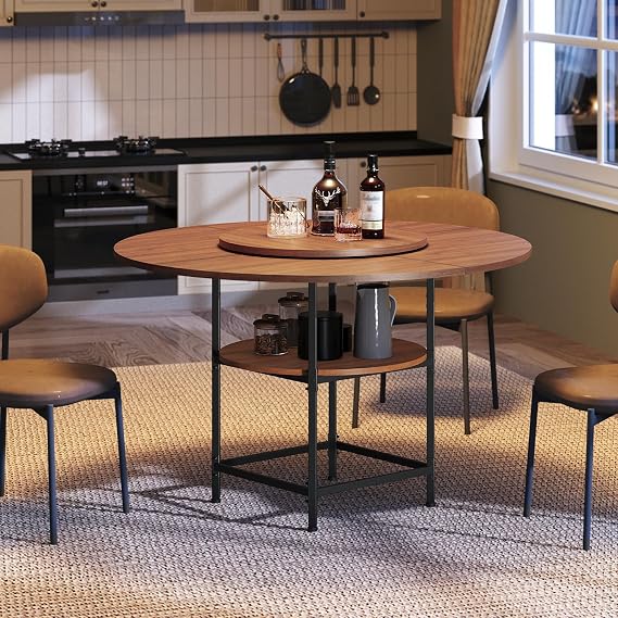 MAHANCRIS Round Dining Table for 4, Dinner Table with Storage Shelf, 47.2'' Dining Room Table, Circle Tables, Farmhouse Wood Kitchen Tables for Dining Room Living Room, Walnut and Black DTHZ12001