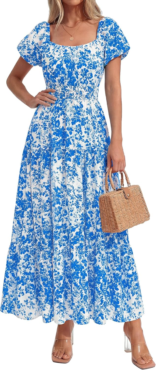 BTFBM Summer Dress for Women 2026 Spring Floral Short Sleeve Square Neck Casual Flowy A-Line Smocked Tiered Maxi Dresses