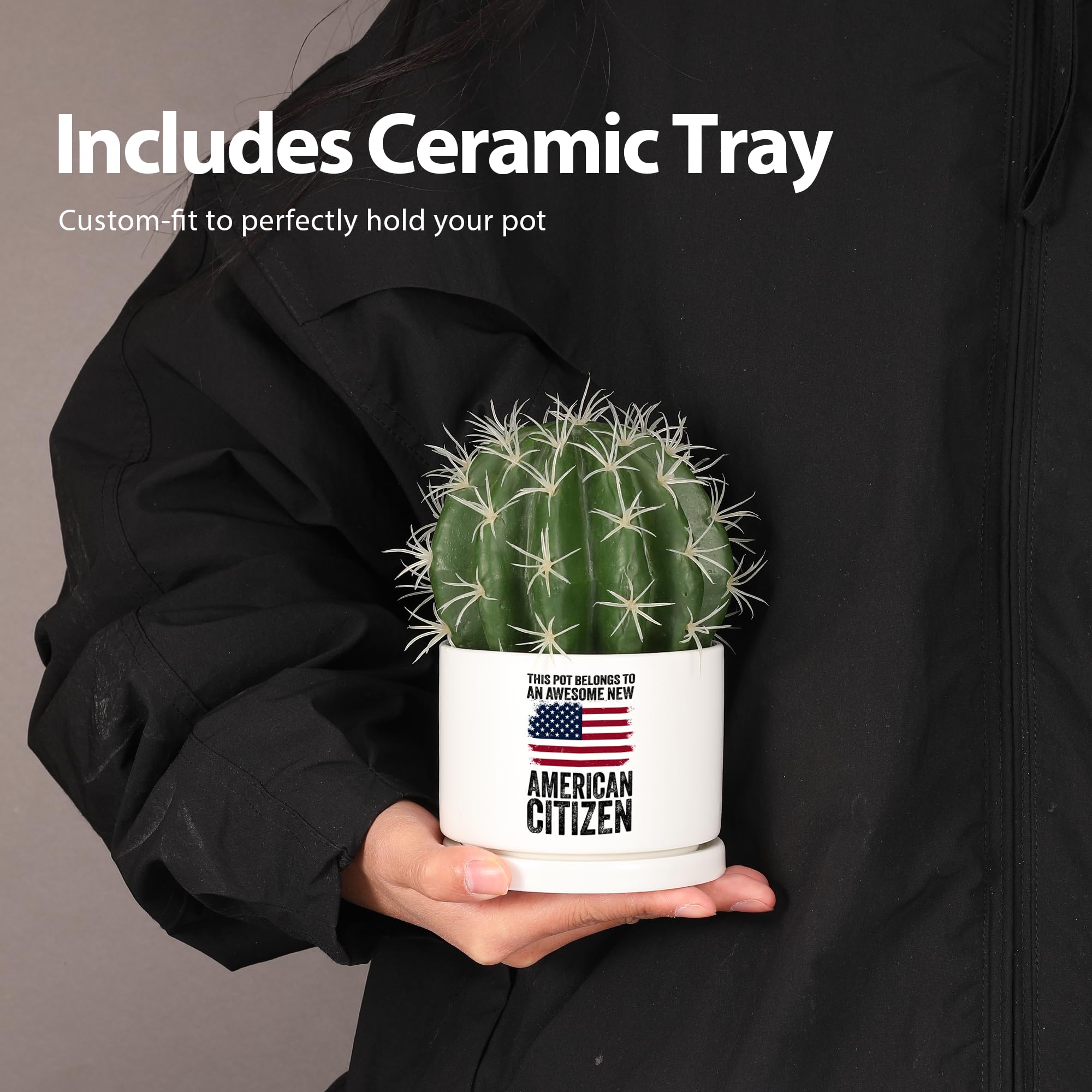 This Pot Belongs to an Awesome New American Citizen Ceramic Succulent Plant Pot with Tray Citizenship Gifts American Flag Plant Lover Gifts Home Decor 3.5 Inch White (No Plants) (With Ceramic Tray)