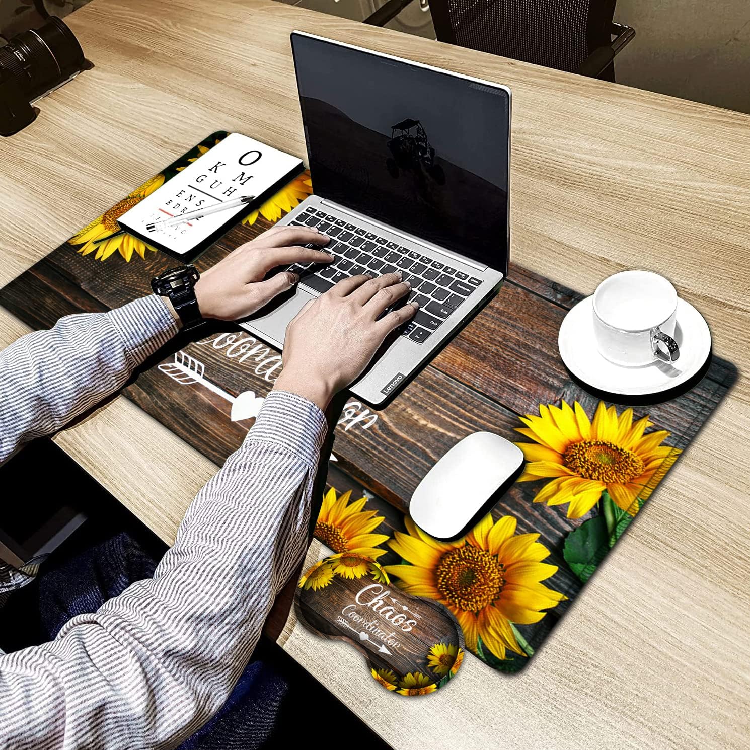 Large Gaming Mouse Pad, 31.5x11.8 in Extended Computer Mouse Mat with Non-Slip PU Base, Ergonomic Memory Foam Keyboard Wrist Rest, for Work & Gaming, Sunflower Chaos Coordinator Office Desk Pad