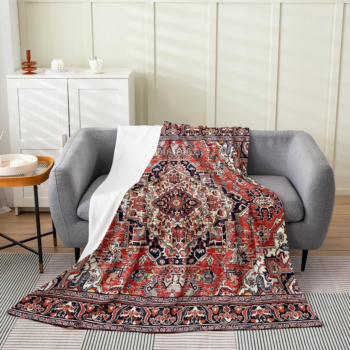 Erosebridal Geometric Boho Blanket Queen Inch Bohemian Exotic Throw Blanket Red Blue Lattice Tribal Fleece Blanket Retro Indian Floral Vintage Flower Sherpa Blanket for Women Adults Men