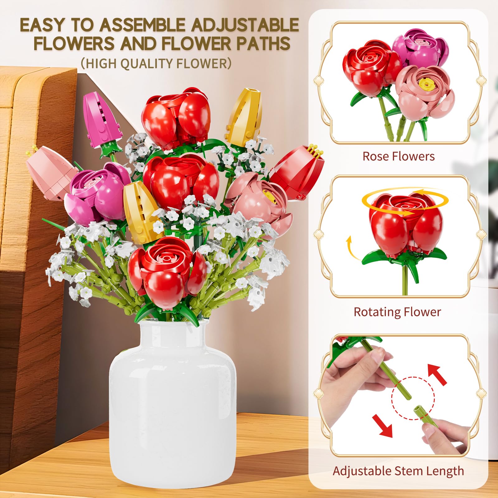 Byuert Building Blocks Flowers Bouquet Kit, 680PCS Roses/Tulips Artificial Flowers Set, Mother’s Day - Image 4