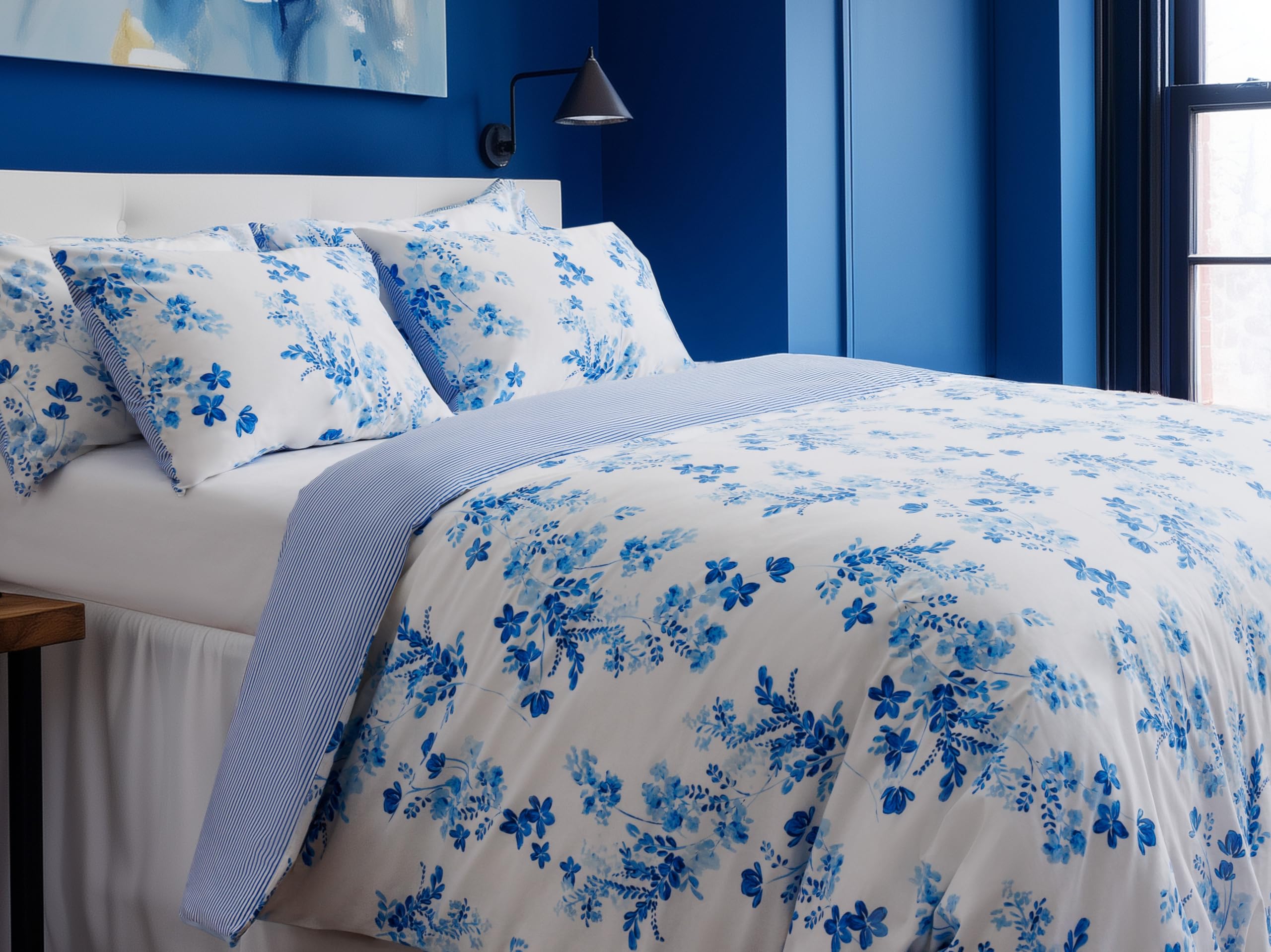 Leruum Girls Blue Single Duvet Cover Set Cotton Bedding White Floral Stripe