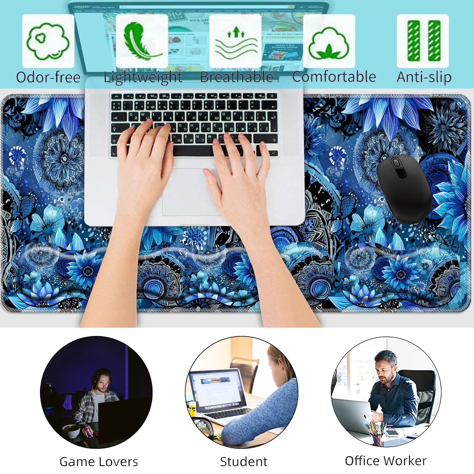 Tastatur-Handgelenkauflage + Maus-Handgelenkpolster + Schreibtischunterlage, Memory-Schaum, ergonomisch, einfaches Tippen, Schmerzlinderung für Computer, Laptop, Büro, Zuhause – Mandala