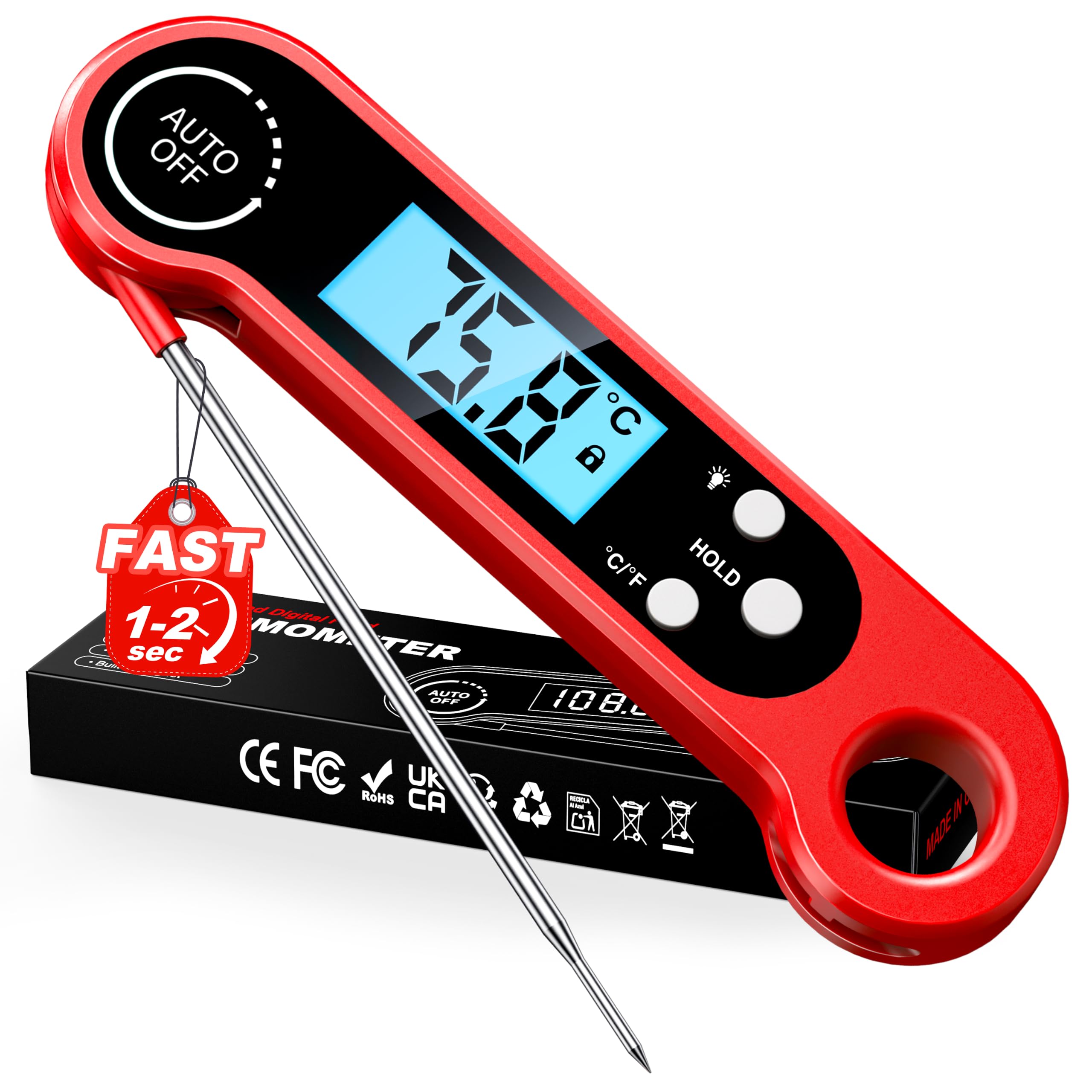 CIRYCASE Fleischthermometer Digital, 1s Sofort Lesezeit Grillthermometer | ±0.5℃ Genauigkeit, 2-Zoll-Display mit Hintergrundbeleuchtung & Hold, 12cm Lange Sonde für Küche, BBQ, Ofen, Backen, Milch