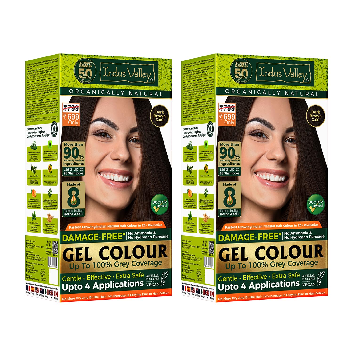 INDUS VALLEY Damage Free Natural Gel HairColor for Women|Ammonia & PPD Free Organic HairColor with 100% Grey Coverage, Long Lasting Conditioning Hair Color|Dark Brown 3.00-Pack of 2(2x220 = 440 ml)
