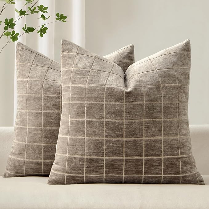 MIULEE Decorative Chenille Check Euro Shams Throw Pillow Covers Vintage Plaid Couch Pillows 26x26 Inch Set of 2 Neutral Boho Cushion Covers Modern Spring Decor for Sofa Bed Living Room Taupe Grey