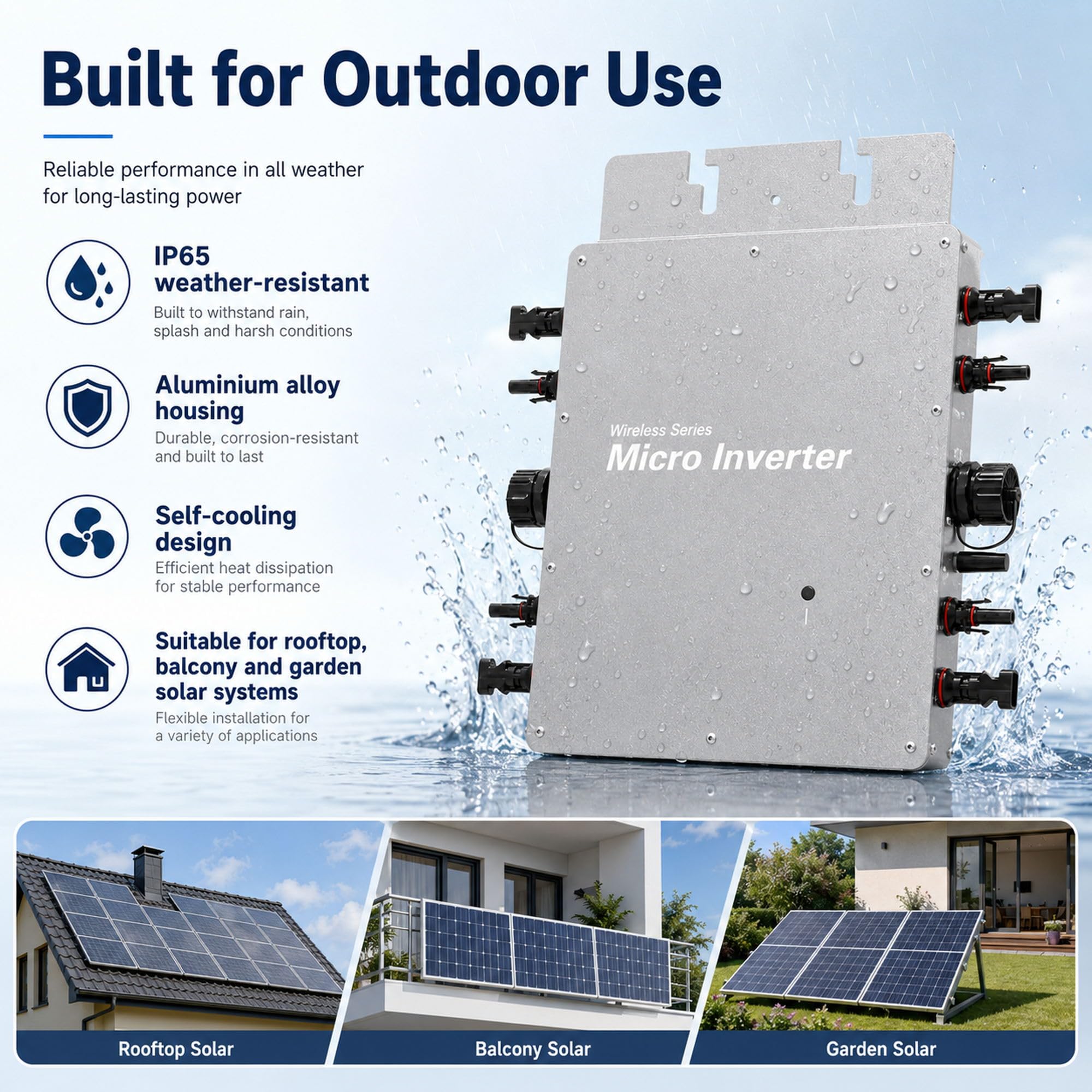 Micro Inverter solare 1200 W, MPPT PV Inverter, IP65 impermeabile per 4 pannelli solari, ideale per tetti di casa e sistemi solari da giardino