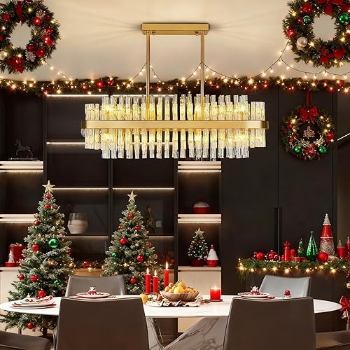 Miniatura 2 de Siljoy Candelabro rectangular de cristal de 16 luces para comedor, moderna lámpara colgante de cristal dorado K9, lámpara de techo contemporánea