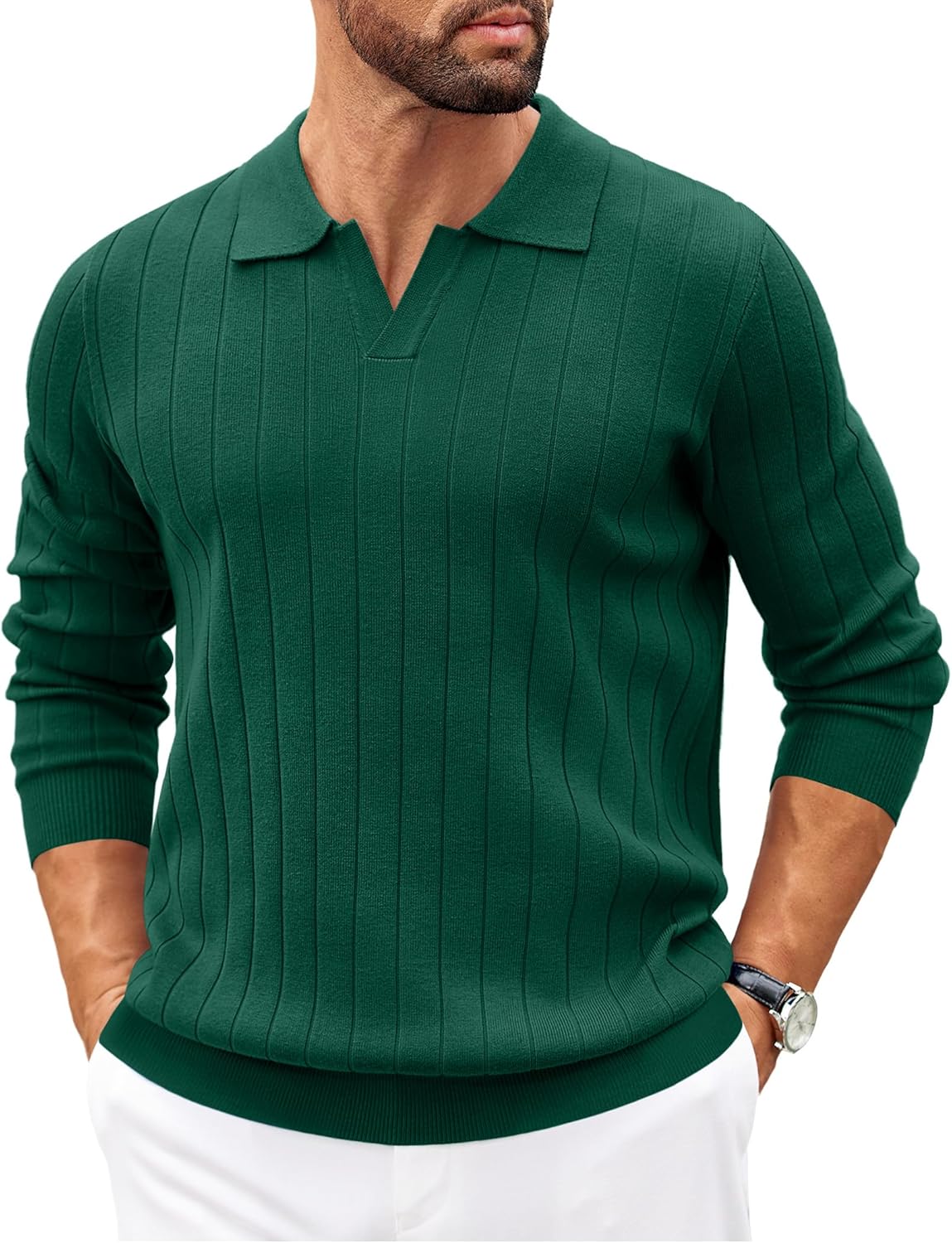 COOFANDY Mens Sweaters Polos Long Sleeve V Neck Knit Polo Lightweight Casual Pullover Sweater