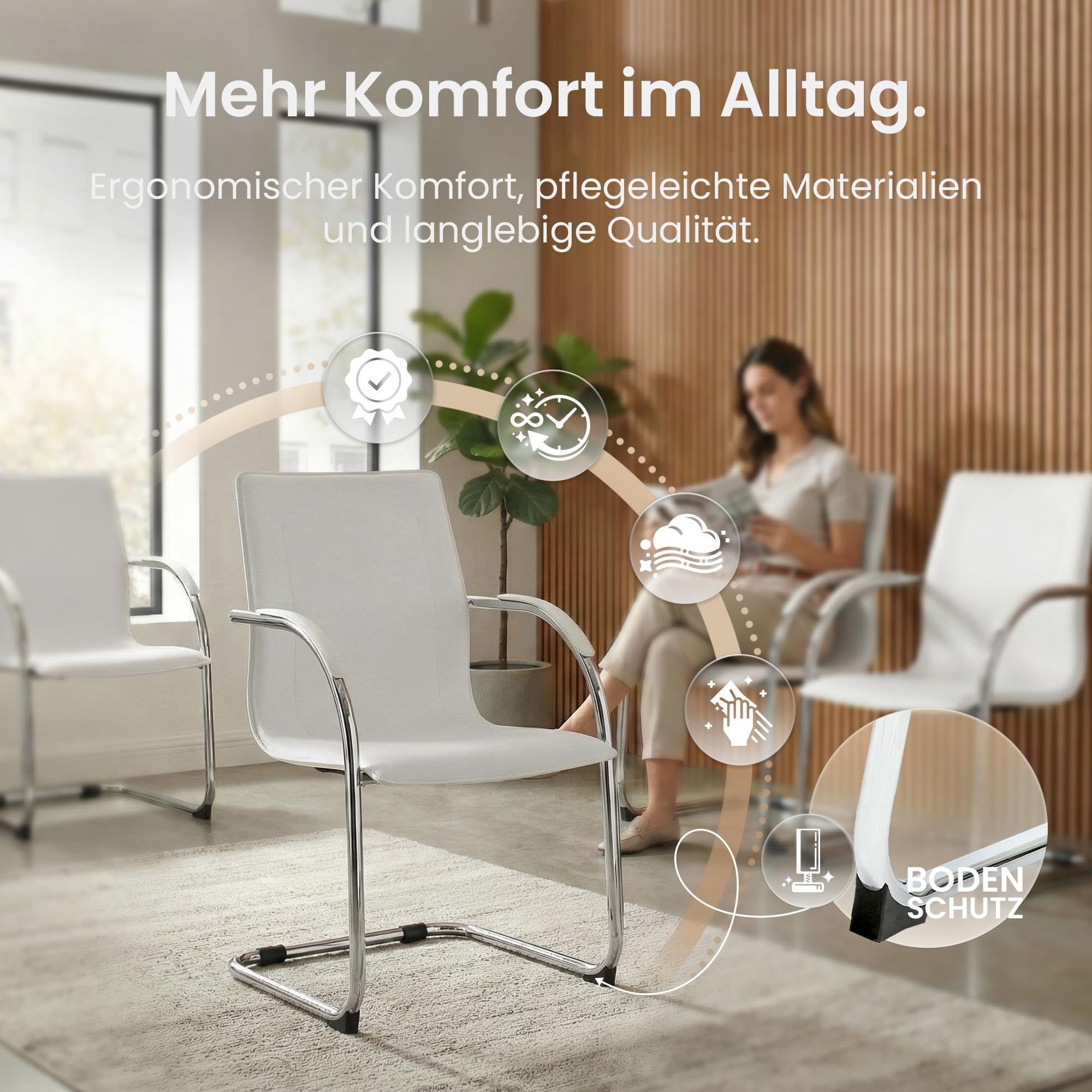 CLP Freischwinger Stuhl mit Armlehnen Noeleen, moderner Esszimmerstuhl gepolstert mit Kunstlederbezug, stabiles Metallgestell bis 150 kg Farbe weiß