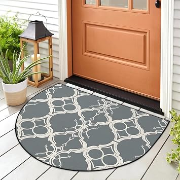 Gray White Moroccan Pattern Half Round Door Mat Welcome Mat with TPR Backing 24x36 Inch Non Slip Bath Rug Durable Washable Half Moon Rugs for Indoor Outdoor Entrance Kitchen