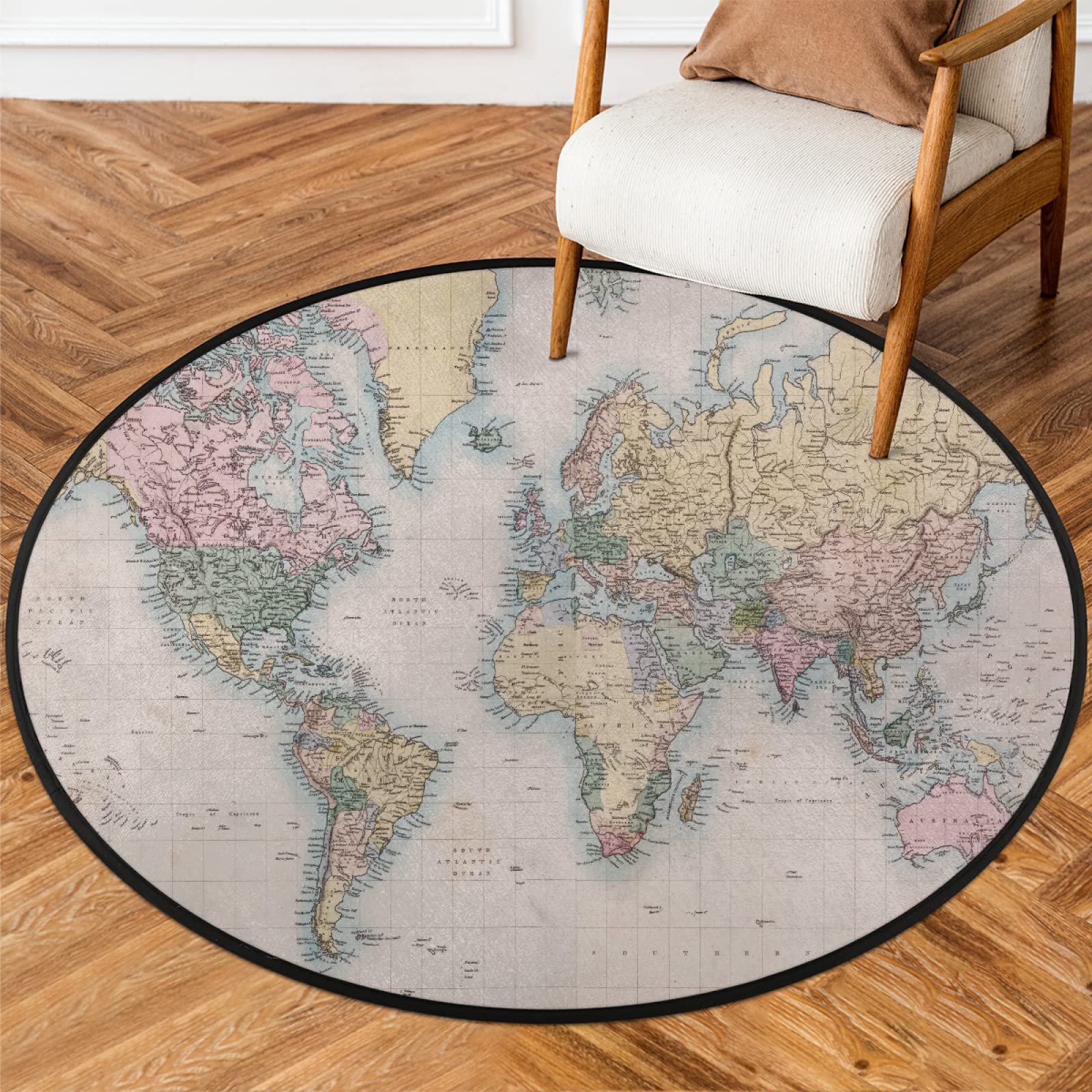 Vintage World Map Round Area Rug, Educational World Map Non-Slip Circle Rug for Bedroom Living Room Outdoor Study Playing Floor Mat Carpet, 5.2' Diameter