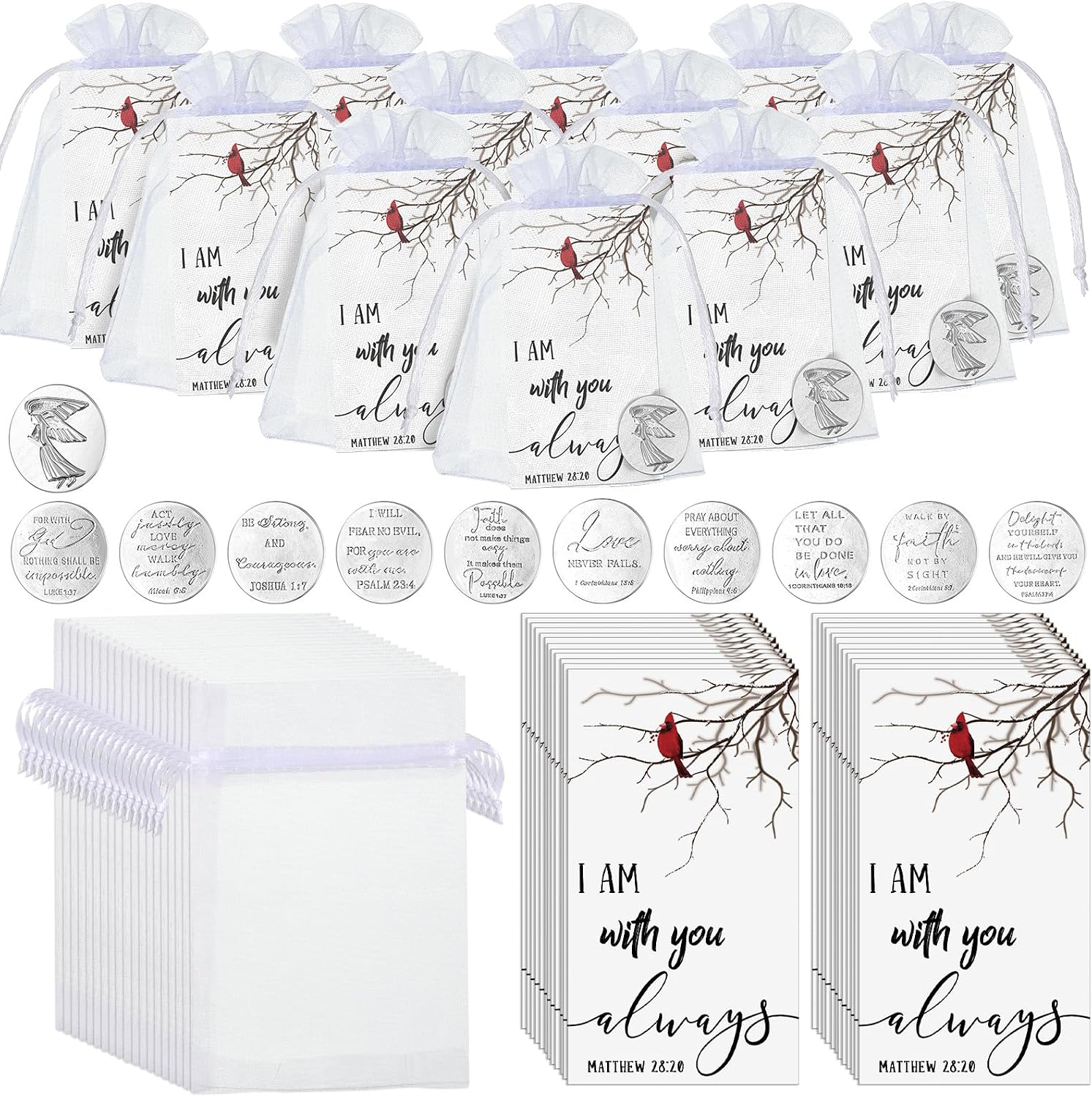 100 Sets Memorial Angel Sign Set Pocket Angel Tokens Coins Inspirational Christian Bible Verb Quotes Funeral Cardinal Sign I Am with You Always Cards White Organza Bags Guardian Gift Bag Angel Charms