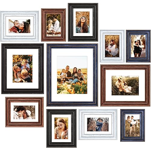 Anozie Collage Picture Frames Set for wall with 11x14,8x10,5x7 and 4x6 inch with Mat,High Definition Plexiglass with Wood Grain Blue,Black,Natural,White, 12 Assorted