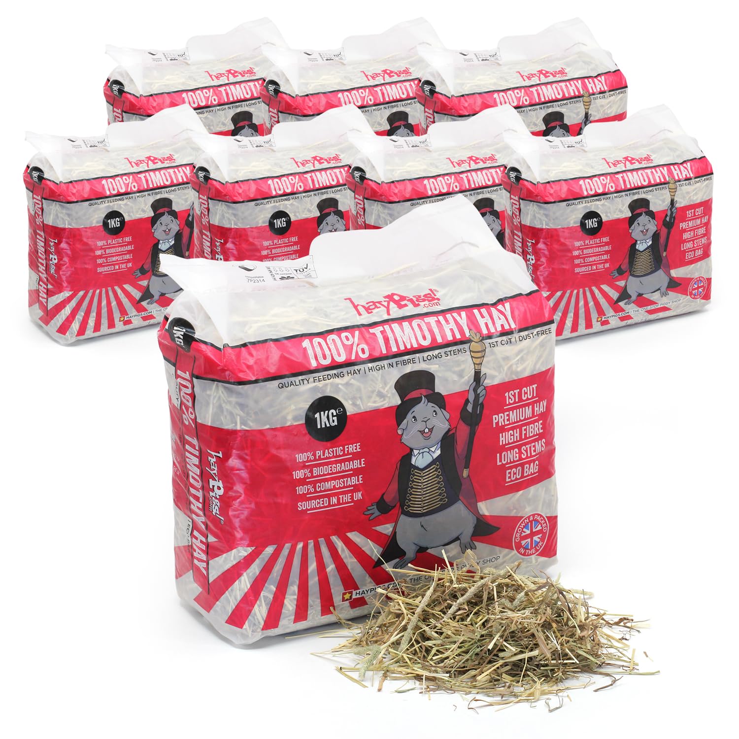 HAYPIGS 1kg (x8) 100% First Cut Timothy Hay for Guinea Pigs Feeding - Hay for Rabbits and for Guinea Pig Hay - Eco Bag of Feeding Hay for Chinchilla Food and Degu Food