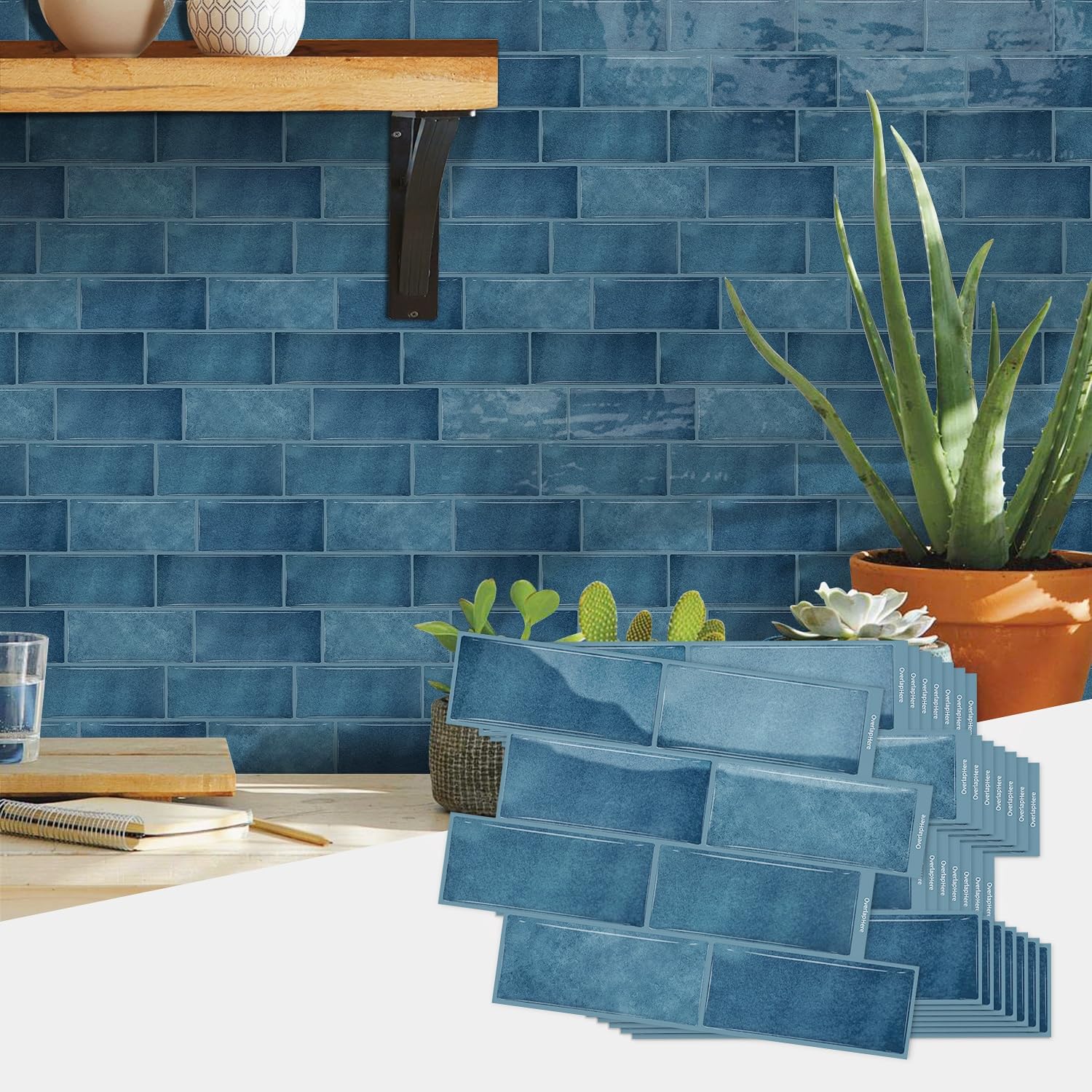 10 Sheets Marble Effect Tile Stickers, Peel and Stick on Tiles for Kitchen Bathroom Wall Backsplash Vinyl Waterproof Self Adhesive Tile Decals Covers (Blue)