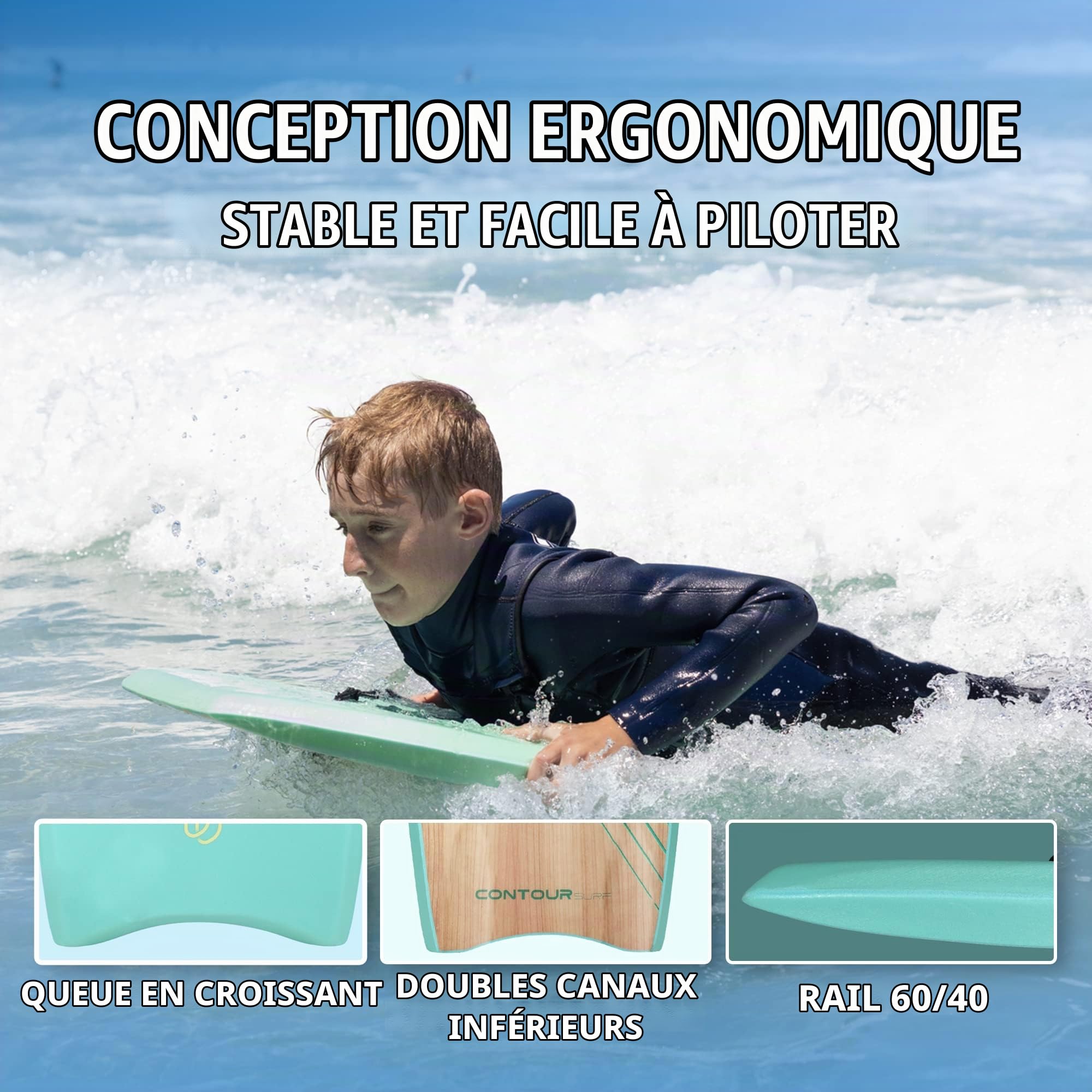 Planche de Bodyboard Reed de 83,8 cm pour Enfants de Plage avec Noyau EPS léger, Double Canal pivotant, Laisse enroulée pour Tous Les Niveaux de Surf