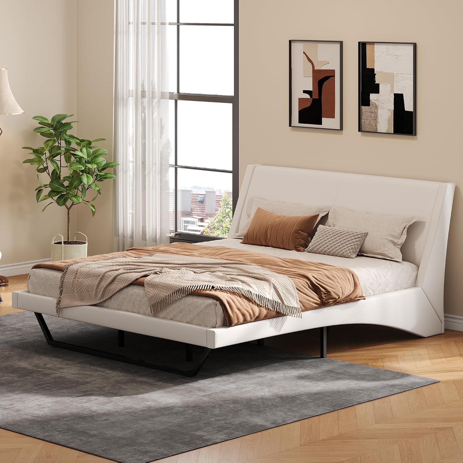 Christopher Knight Home Hudley Faux Leather King Size Bed Frame with Headboard, PU King Size Platform Bed Frame with Metal Leg, Noise-Free Wooden Slat Support, No Box Spring Needed, White