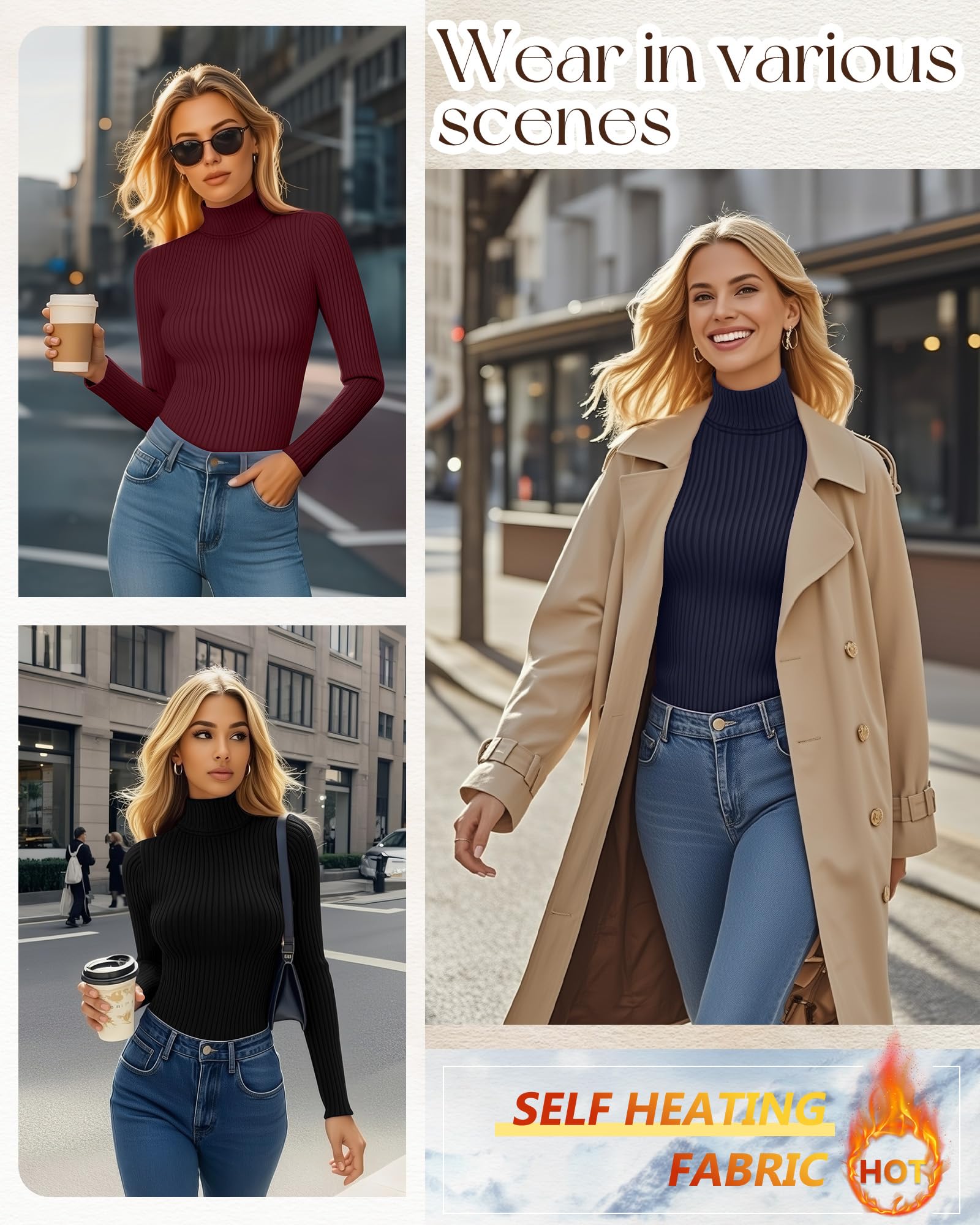 Ficerd Lot de 3 Hauts Col Roulé Thermique Femme à Manches Longues Côtelé Élastique Ajusté Léger T-Shirt de Base