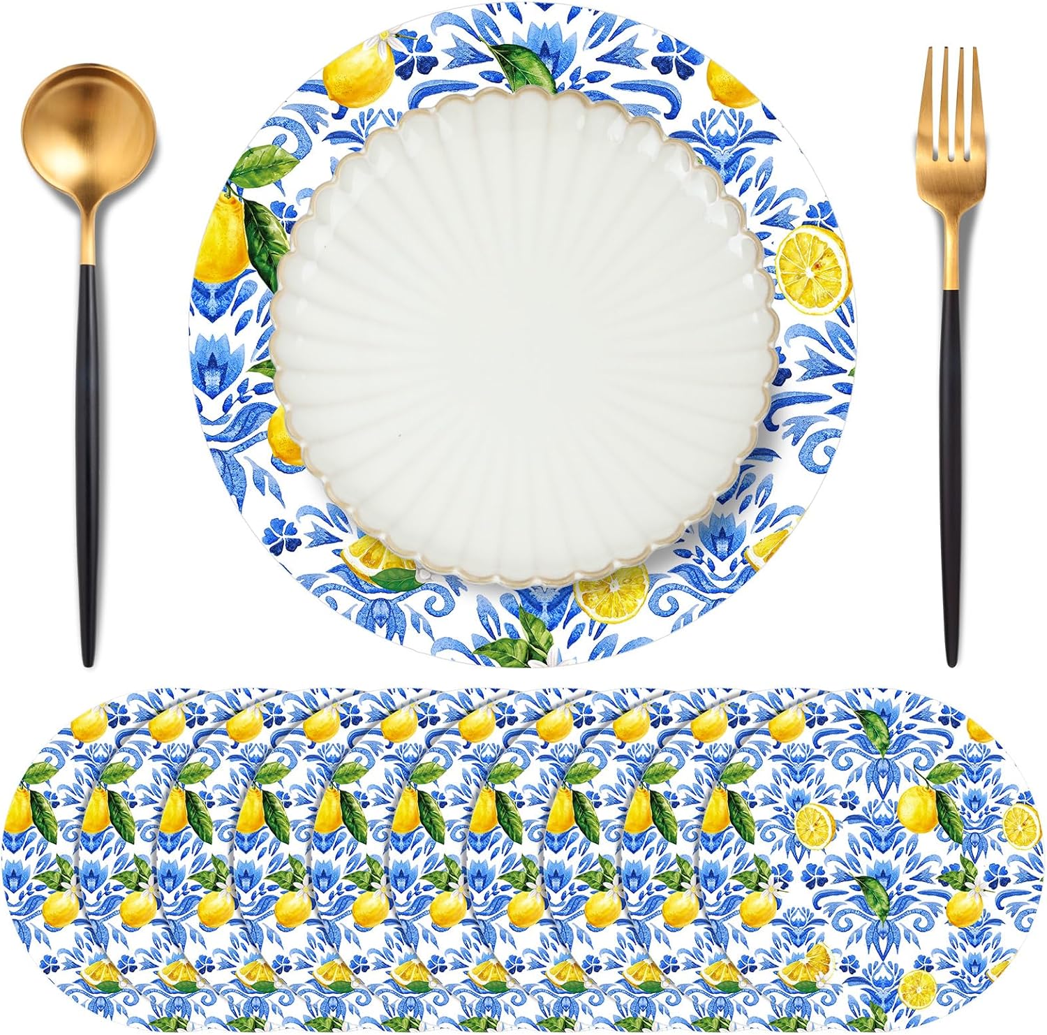 100 Pack Disposable Lemon Paper Placemats Blue Yellow Capri Lemon Party Decorations Amalfi Coast Table Placemats for Mediterranean Positano Wedding Kitchen Decorations