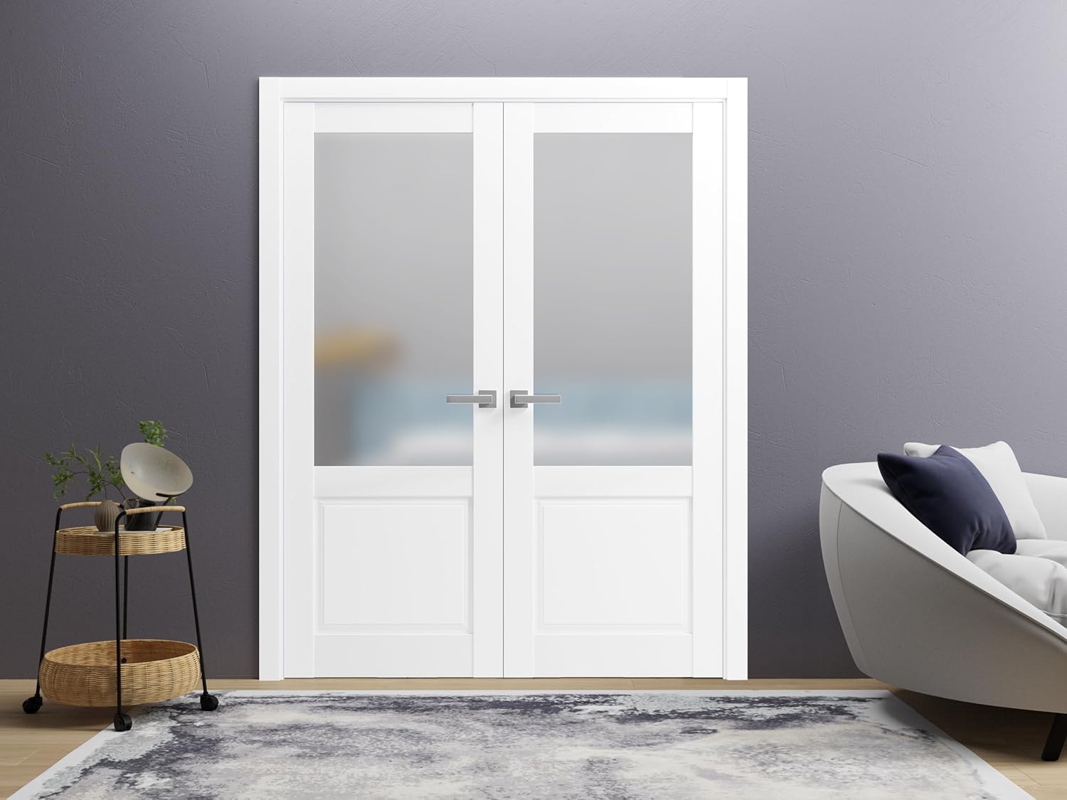SARTODOORS Solid French Double Doors 36 x 96 inches Frosted Glass | Lucia 22 Matte White | Wood Solid Panel Frame Trims | Closet Bedroom Sturdy Doors