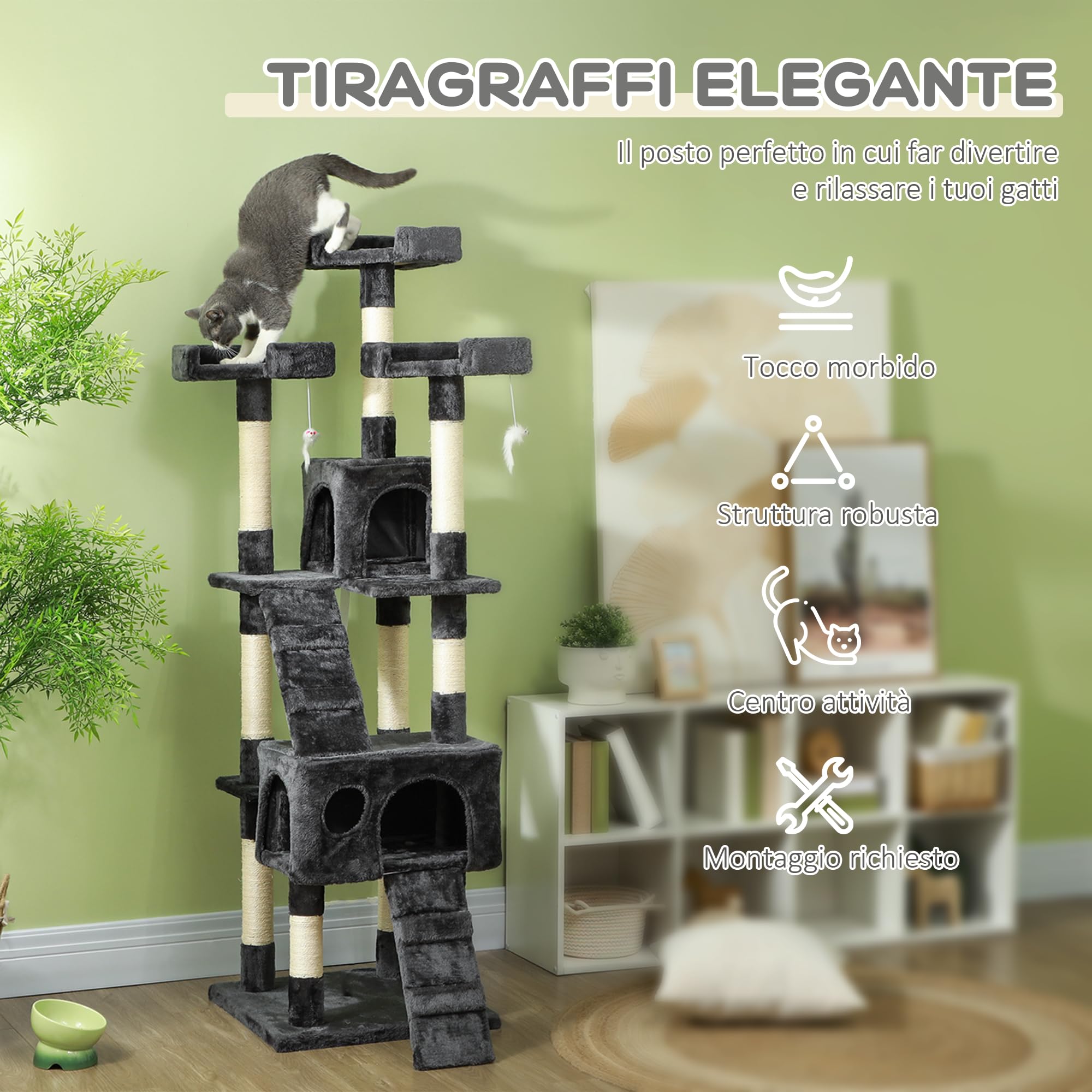 PawHut Albero Tiragraffi per Gatti con 3 Posatoi, 49x49x173 cm Grigio | 2 Casette e Giochi Appesi, Torre per Gatti, in Truciolato e Peluche