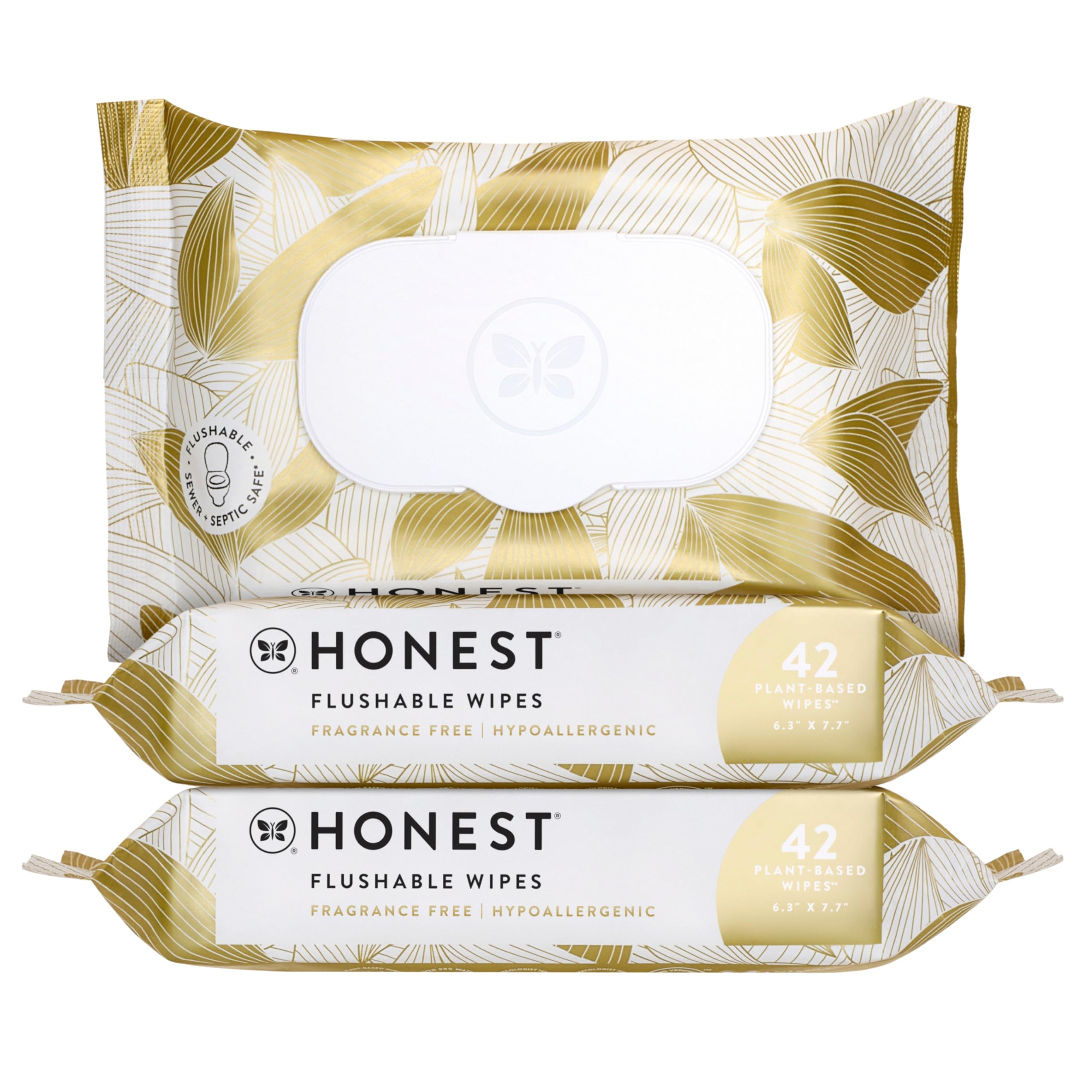 Toallitas húmedas desechables The Honest Company para piel sensible | Sin perfume, hipoalergénicas, 99 % agua, aptas para desechar en el inodoro | Toallitas femeninas con pH balanceado | Gilded Wings, 126 unidades