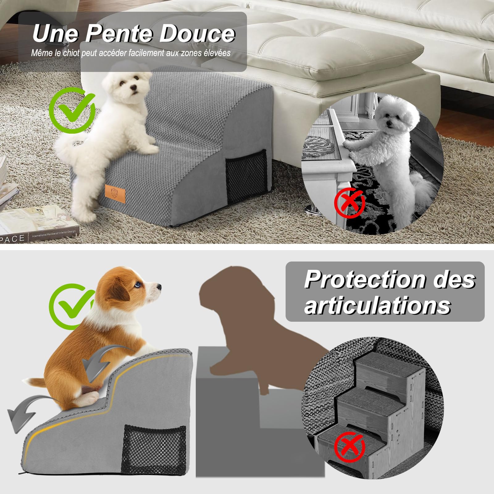 Masthome Escaliers pour Chiens à 2 Marches en Éponge Haute Densité, Rampes Inclinés pour Chien avec Housse Rembourrée Lavable, Echelle Antidérapante pour Chiots et Animaux Agés