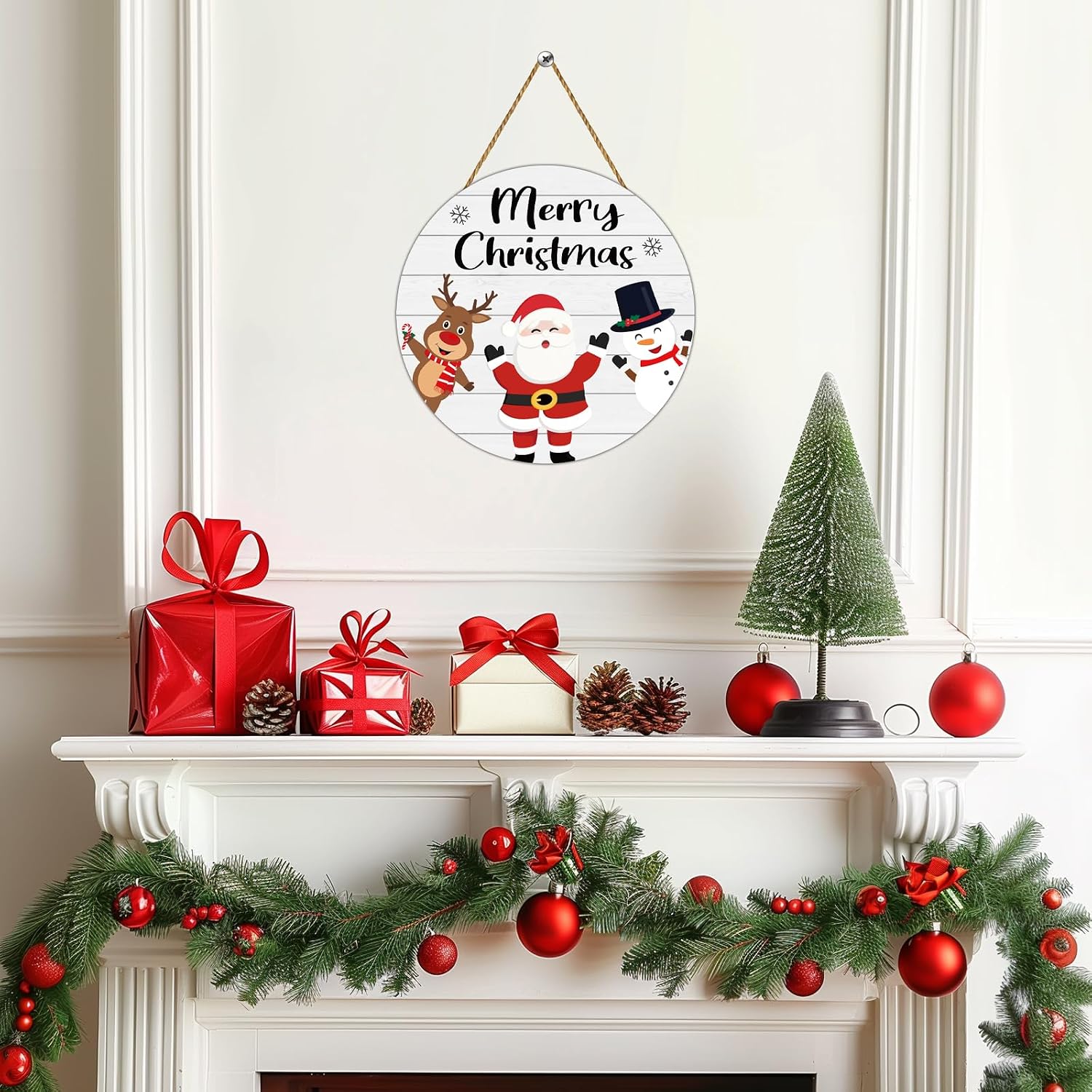 Christmas Door Decorations Merry Christmas Sign Wall Decor Cute Santa Claus Reindeer Snowman Decor Wooden Front Door Hanger Hanging Sign Wreath for Wall Indoor Home Decorations