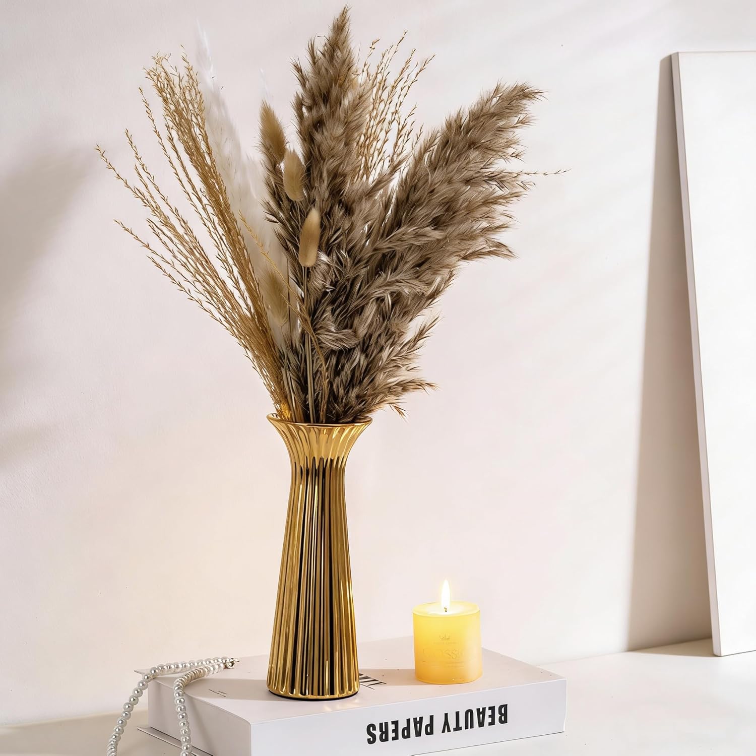 SURE YUESI 7.68” Gold Ribbed Ceramic Vase, Minimalist Farmhouse Vase for Pampas Grass, Centerpiece, Coffee Table, Kitchen, Office & Home Decor