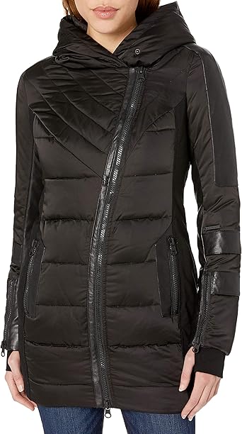 Asymmetrical puffer coat with hood Clearance