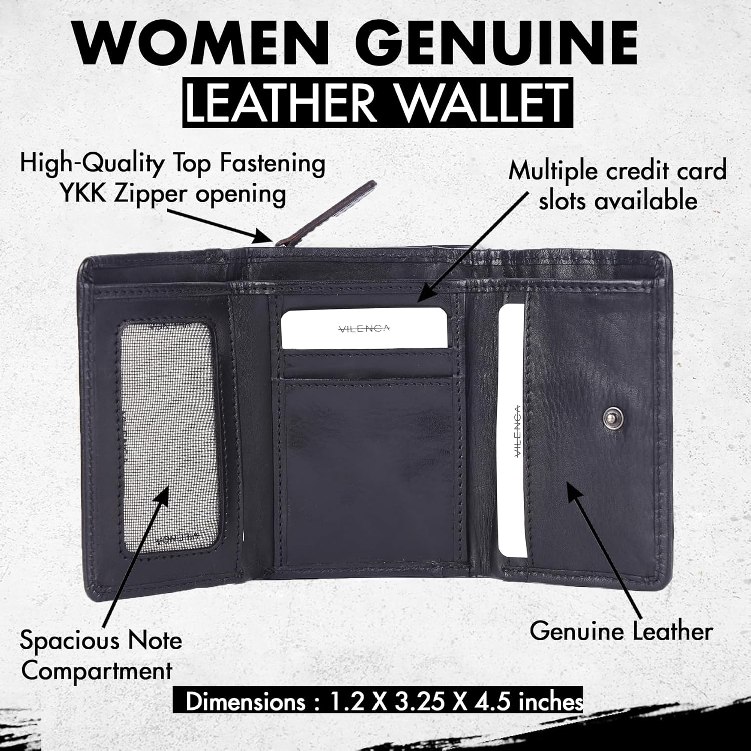 Premium Genuine Leather Women's Wallet: RFID Blocking, Multiple Card Slots, Zipper Pocket - Stylish & Durable - Perfect for Everyday Use (VL-408-Black) - Image 5