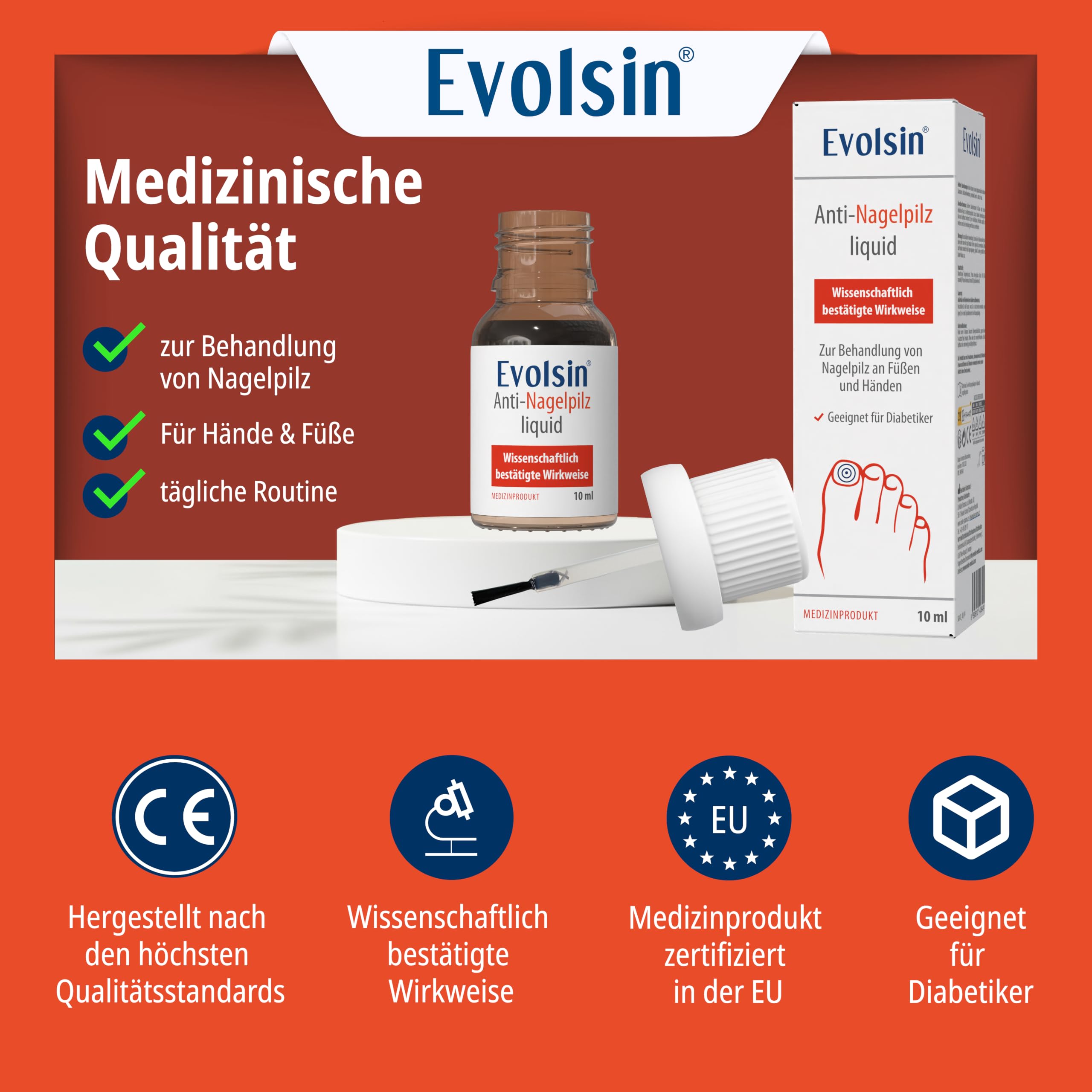 Evolsin® Anti Nagelpilz Liquid Doppelpack - Wissenschaftlich bestätigte Wirkweise I Geeignet für Diabetiker I Medizinprodukt I Nagelpilz Nagellack für Füsse und Hände I Nagelhärter (2x10ml)