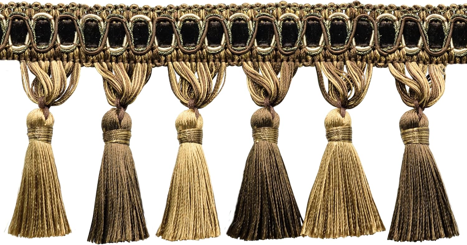 DÉCOPRO 4" (10cm) Noblesse Scroll and Ribbon Gimp with Silky Tassel | Fringe Trim (TFH4-PY) Rust Medley Multicolor #07H (Rust Gold Olive) 14 Yards (42 ft/12.5m)