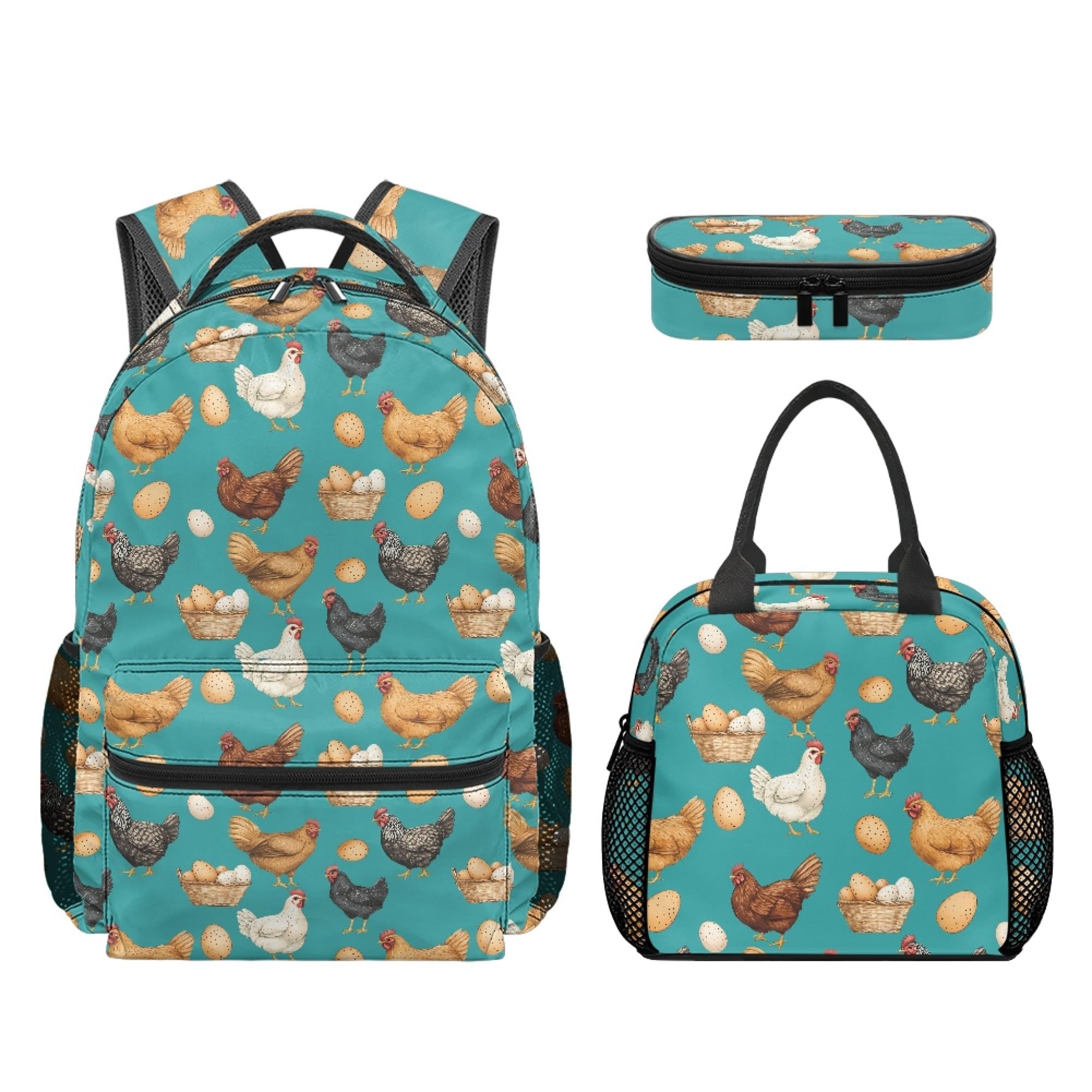 Amzbeauty Schulranzen für Jungen und Mädchen, 3-teiliges Rucksack-Set, große Kapazität, Büchertasche mit Lunchtasche, Federmäppchen für Grundschule, Eier-Huhn, Casual