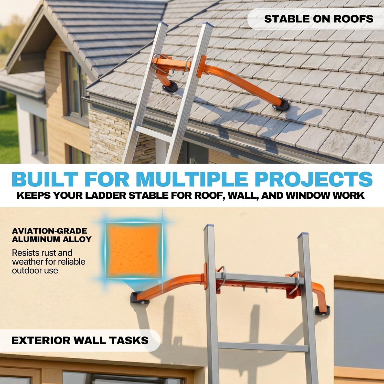 Ladder Stabilizer – Aluminum Ladder Standoff for Extension Ladder | Adjustable Half Frame Stabilizer with Dual Arms for Roof, Gutter Cleaning & Wall Work | Non-Slip Rubber Pads