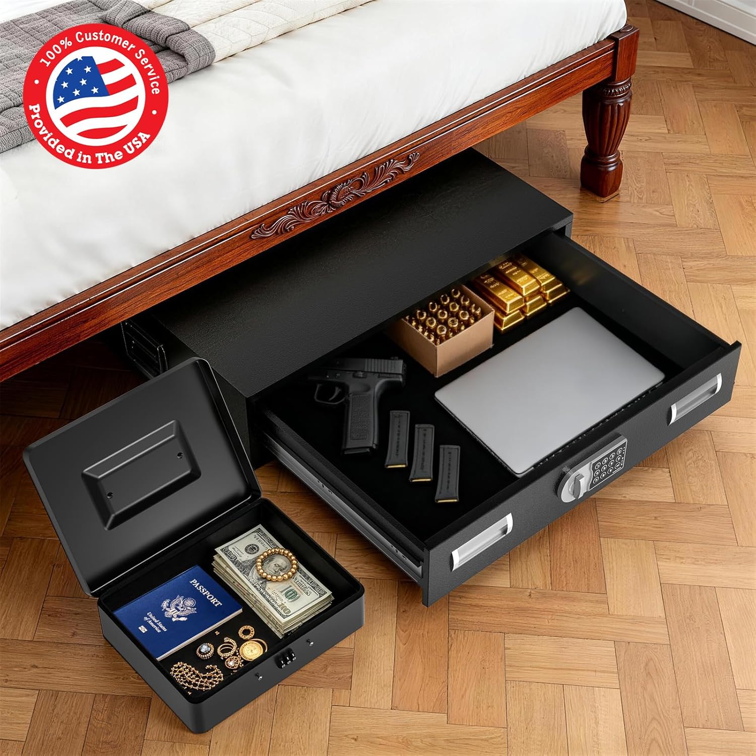 POCHAR Under Bed Gun Safe Drawer for Pistol - Long Steel Security Cabinet Storage for Home Car Trunk Vehicle - Underbed Safe Lock Box Set for Handgun, Ammo, Jewelry and Valuables