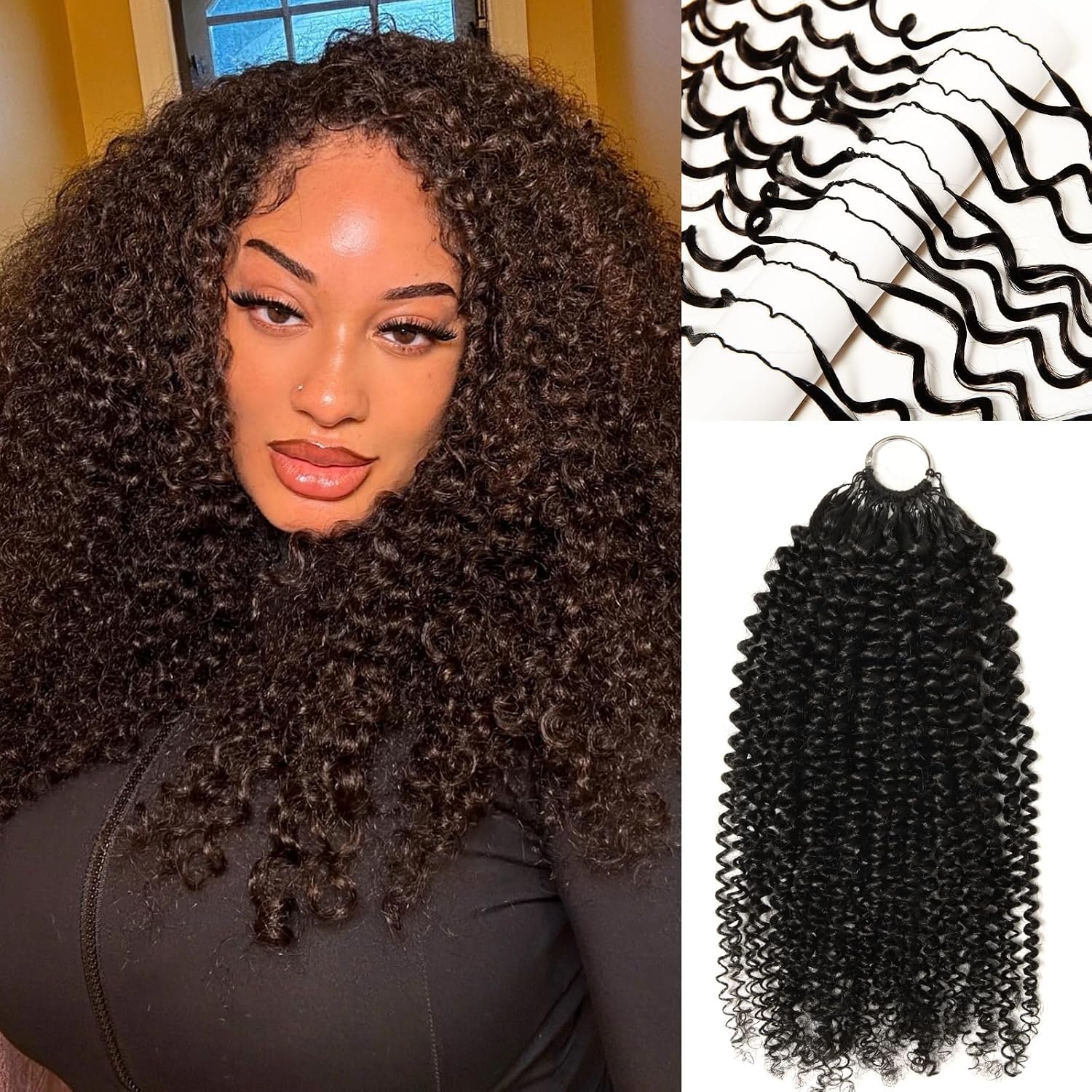 WOWANGEL Afro Kinky Curly Feather Crochet Braid Human Hair Extensions, 100% Real Human Hair Knotless Pre-Separated Crochet Hair for Black Women, 16 Inch, Natural Black, 40G