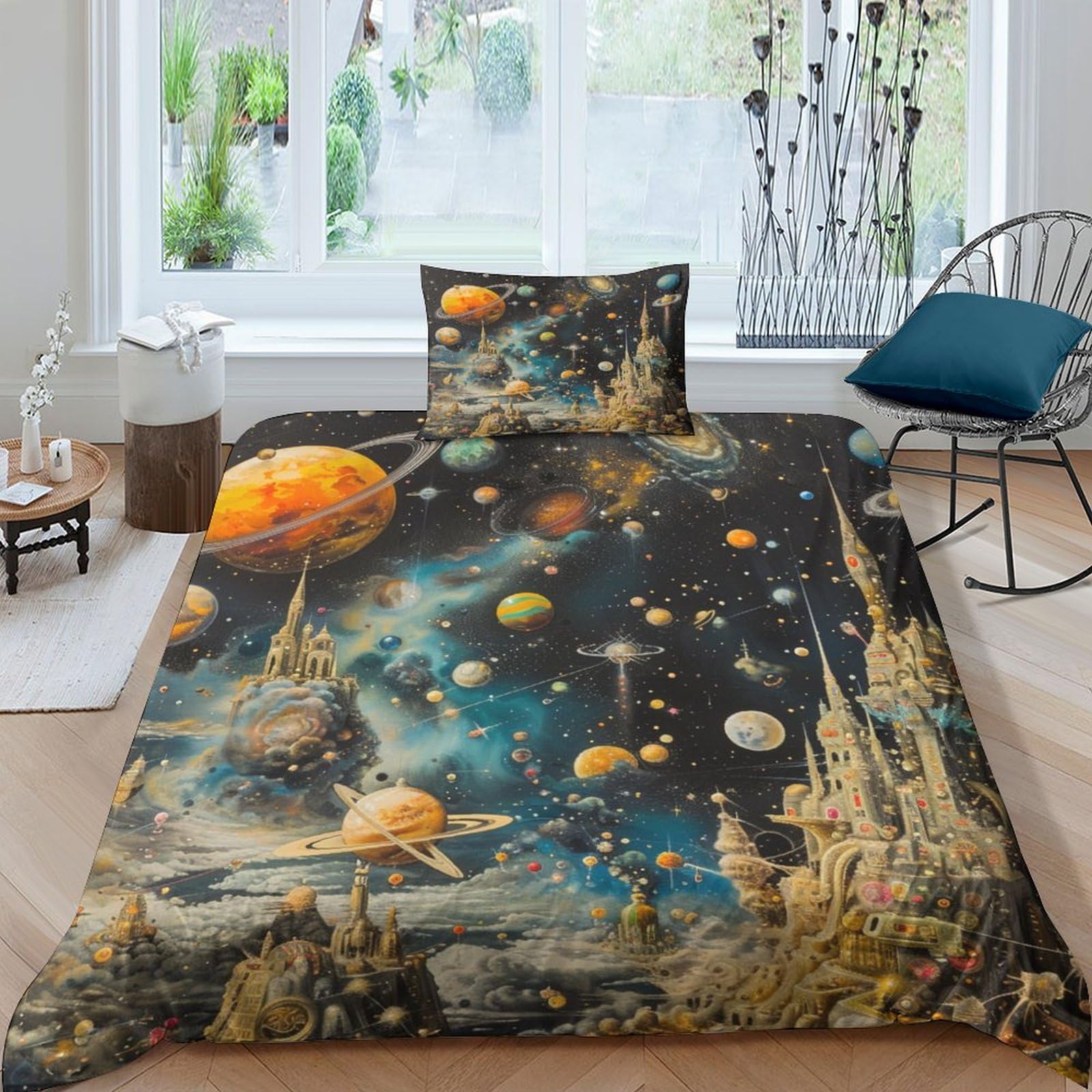 Housse de couette respirante motif planètes cosmiques lit 1 place zippée