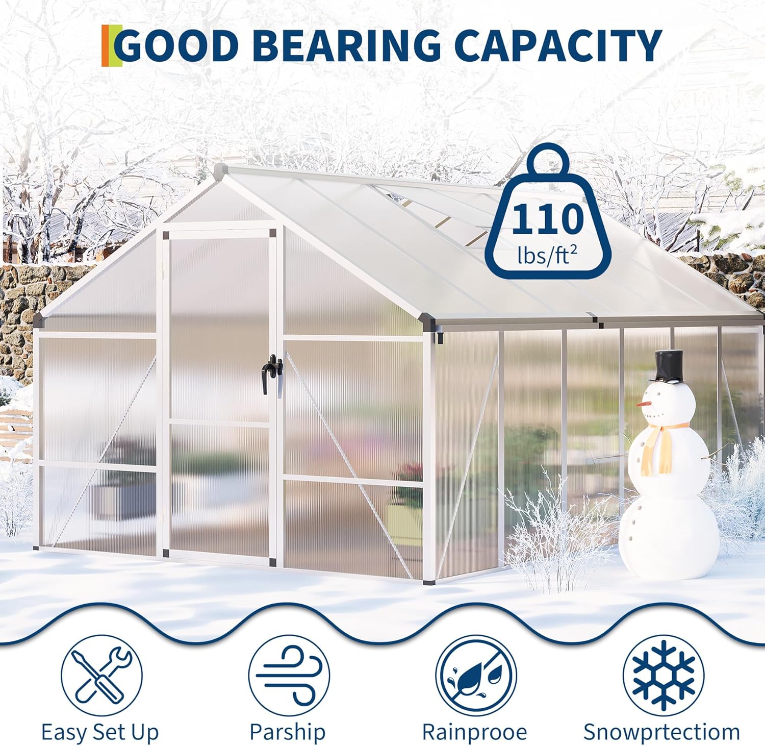 Garvee 8 x 12 ft Greenhouse, Greenhouses for Outside, Polycarbonate Greenhouse with Aluminum Frame, Lockable Door and Ajustable Roof Vent for Backyard, Green Houses for Outside Garden Backyard, Patio Silver 8x12FT