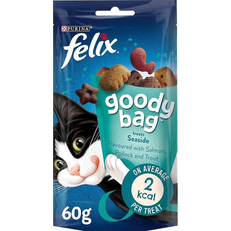 Petiscos para Gatos Adultos Felix Goody Bag Picnic Mix Seaside Mix com Salmão, Pollock e Truta, Pacote com 8 de 60 g