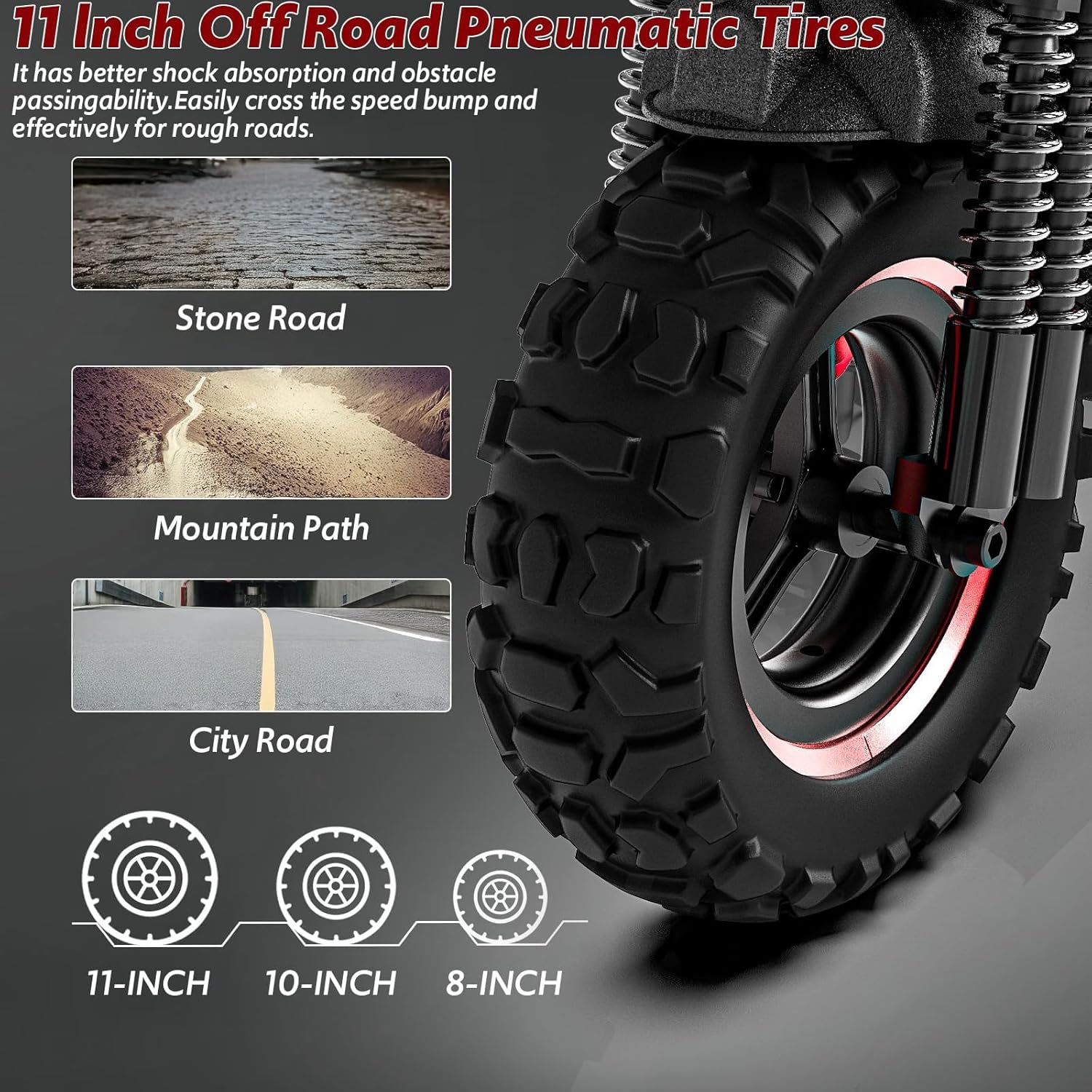 Close-up of the 11-inch off-road pneumatic tire of the Irezeder J-11 scooter, showing its tread pattern and suitability for various terrains like stone, mountain, and city roads.