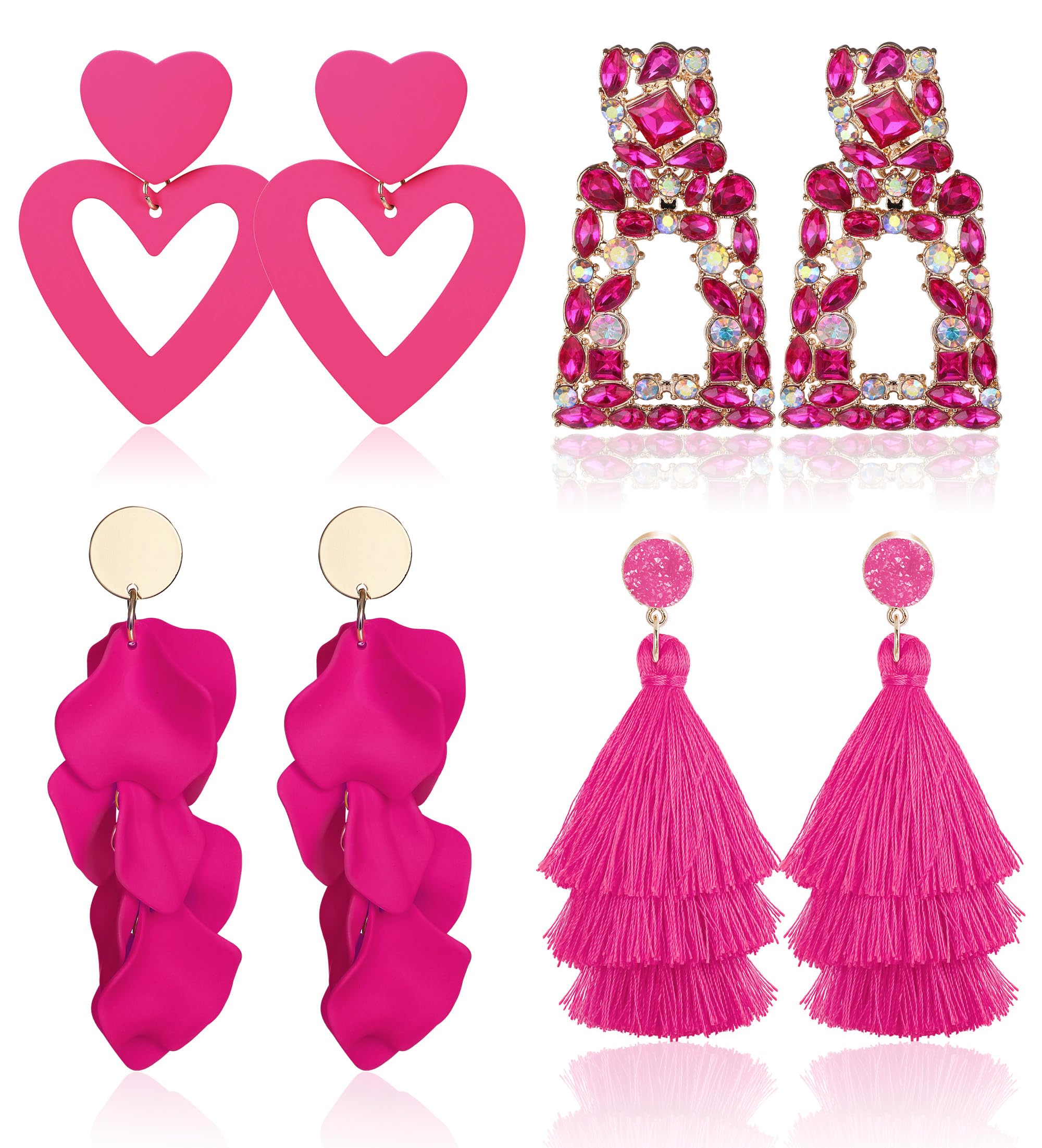 Subiceto4 Pairs Clip Earrings for Women Hot Pink Heart Dangle Drop Earrings Rhinestone Geometric Statement Earrings Long Rose PetalTassel Earring Non Piercing Earrings Set