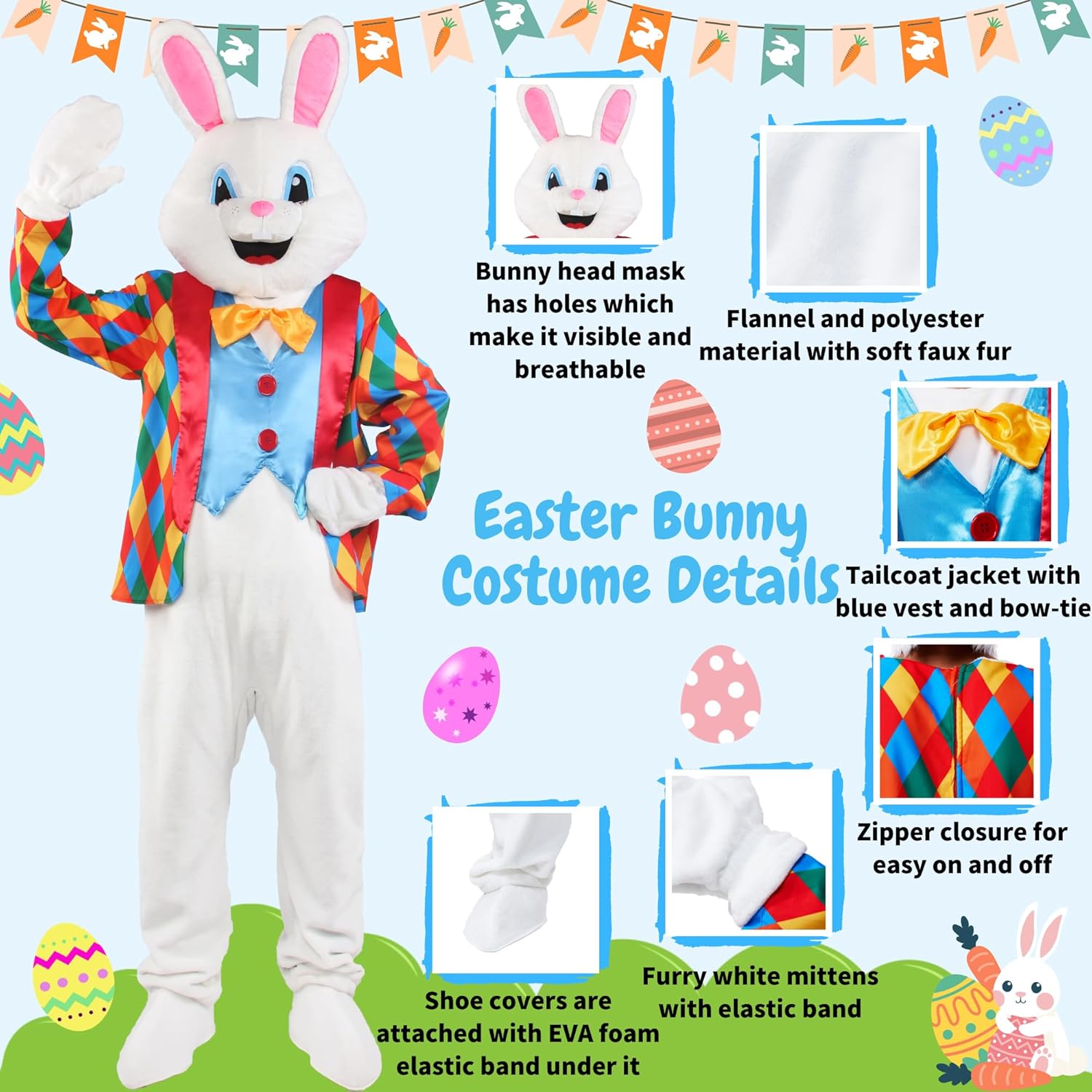 Easter Bunny Costume Adult Rabbit Mascot Jumpsuit Suit Deluxe Bunnies Head Onesie Outfit for Men Women Plus Size Set