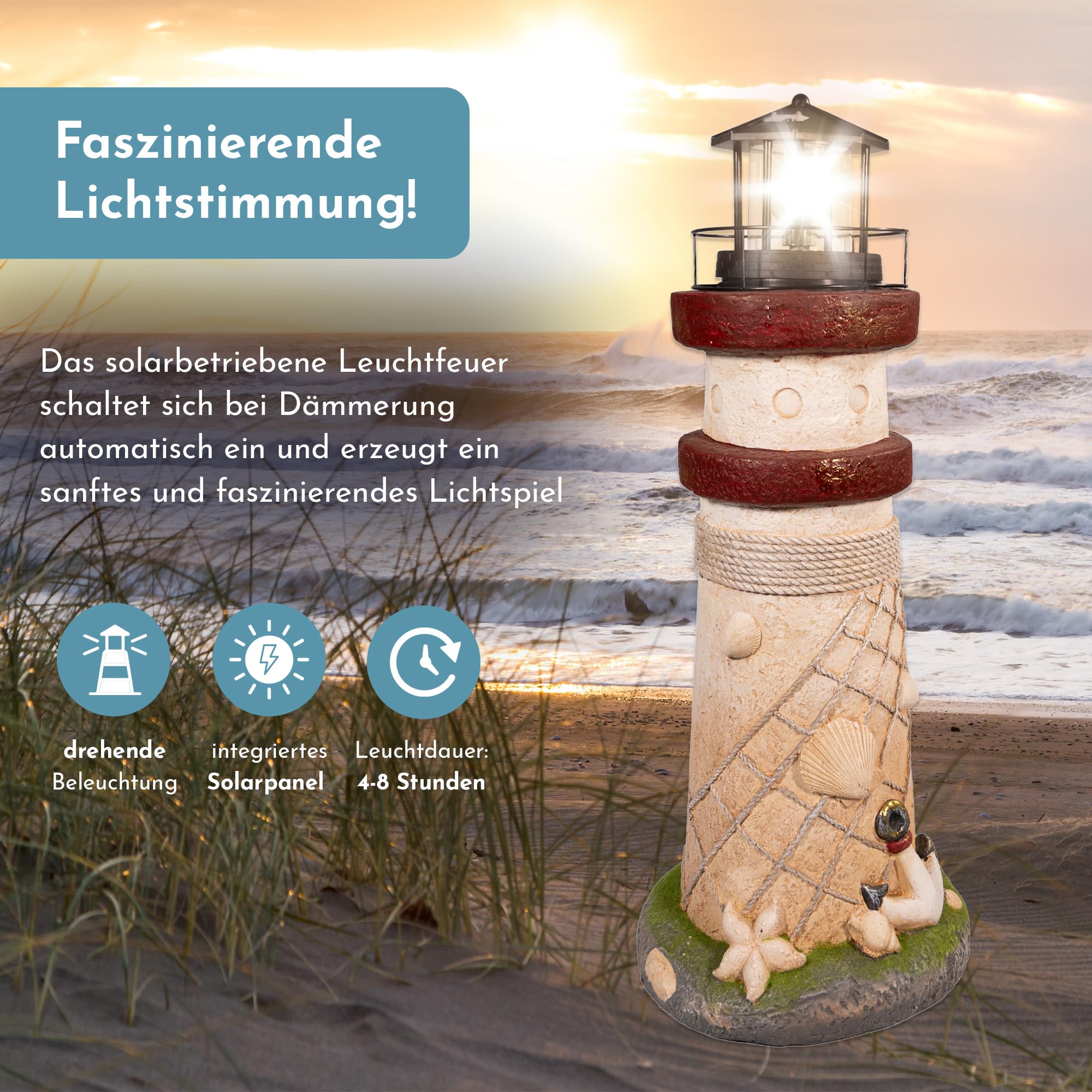 NATIV LEMODO Gartendeko Leuchtturm 81 cm hoch | Handbemalte Gartenfigur mit solarbetriebenem, rotierendem Leuchtfeuer | Maritime Außendeko mit LED Beleuchtung