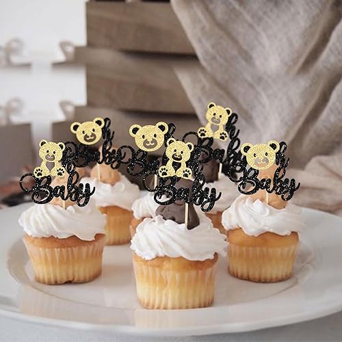 Miniatura 7 de Gyufise 24 piezas de decoración para cupcakes Bear Oh Baby con purpurina dorada de oso Oh Baby para cupcakes Bear Oh Baby, decoración de cupcakes