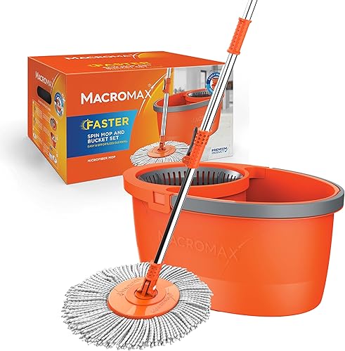Macromax - Juego de trapeador y cubo de giro más rápido, trapeador de microfibra giratorio de 360 con sistema de secado inteligente, humedad